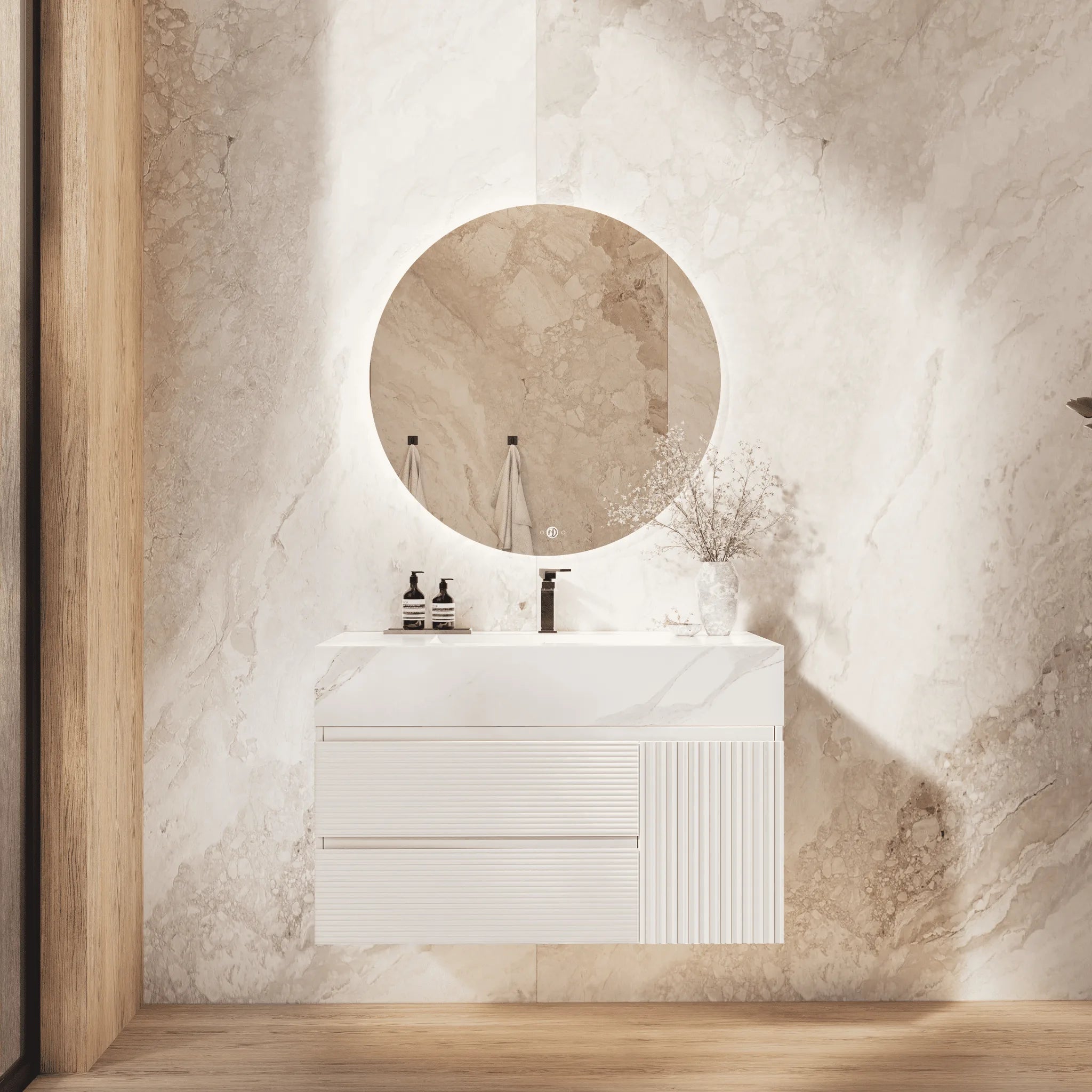 Aventino 32" White Fluted Floating Single-Sink Vanity with Sintered Stone Top