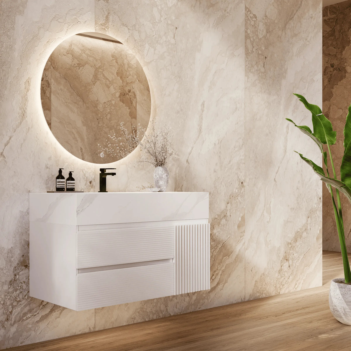 Aventino 32" White Carrara single-sink fluted floating vanity — sintered stone top
