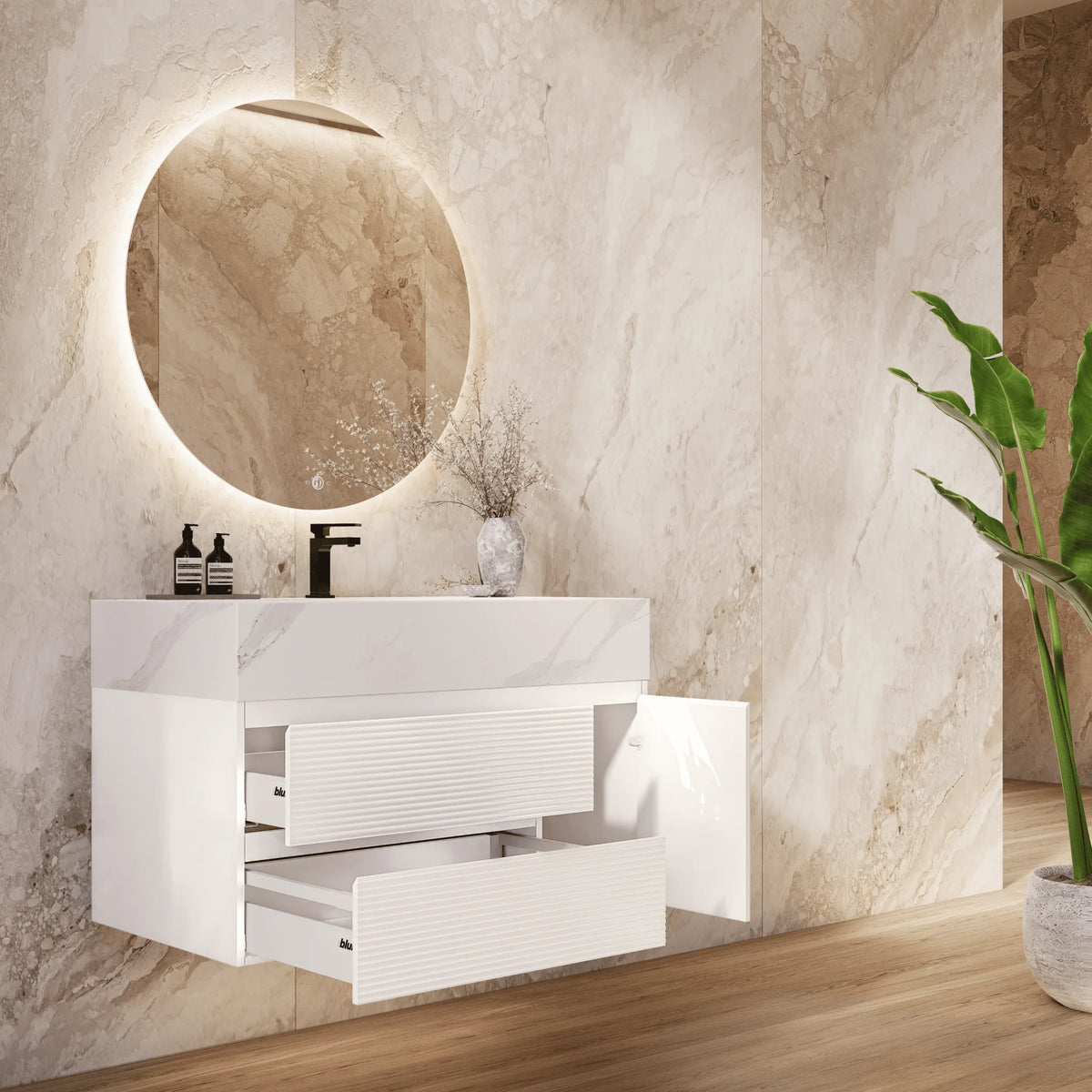 Aventino 32" White Carrara single-sink fluted floating vanity — sintered stone top