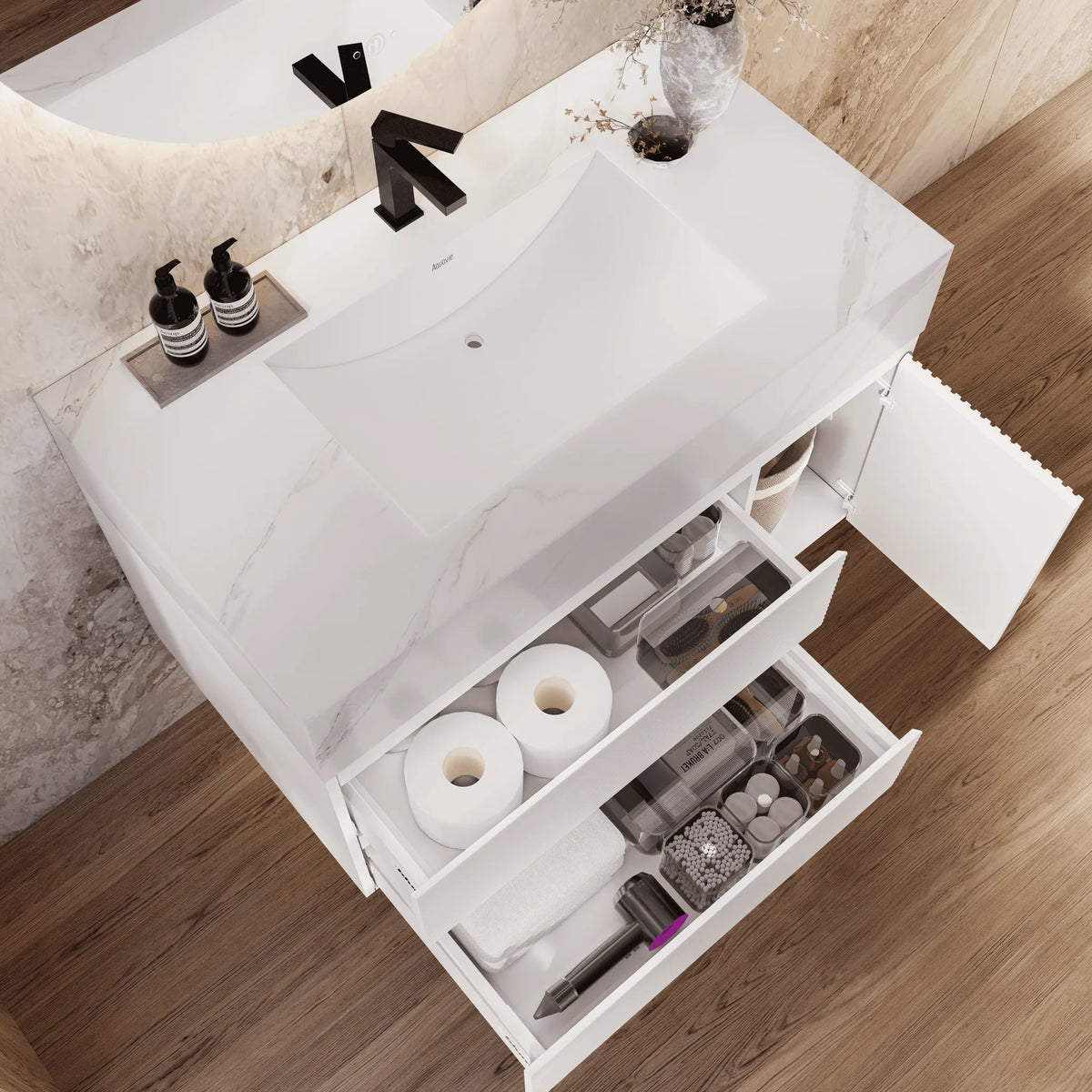 Aventino 32" White Carrara single-sink fluted floating vanity — sintered stone top