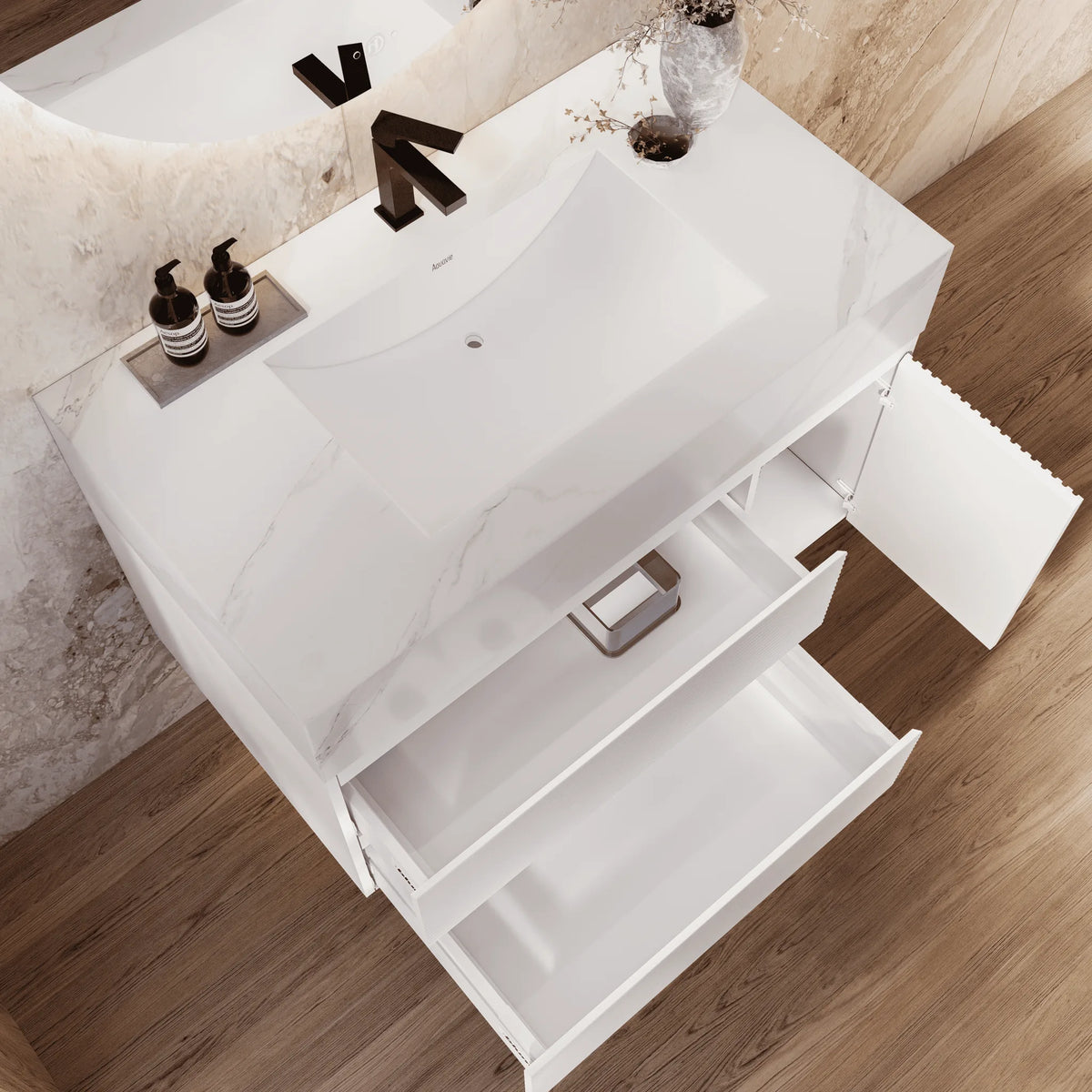 Aventino 32" White Carrara single-sink fluted floating vanity — sintered stone top