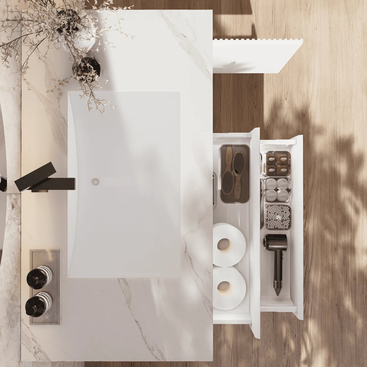 Aventino 32" White Carrara single-sink fluted floating vanity — sintered stone top