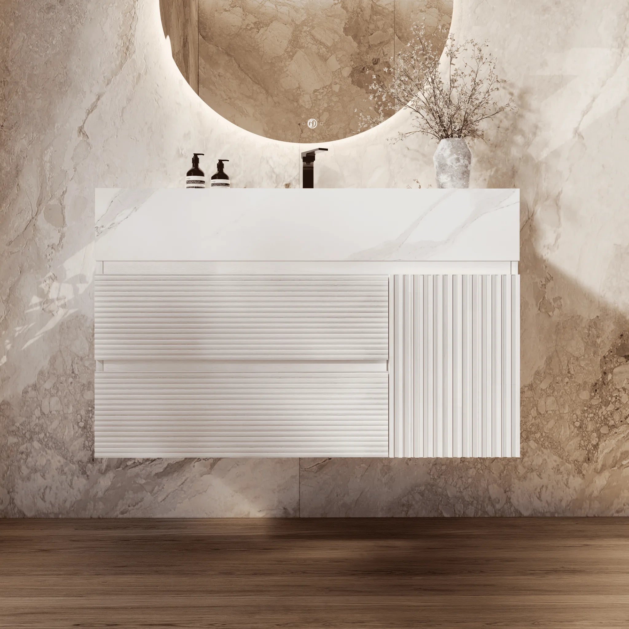 Aventino 32" White Fluted Floating Single-Sink Vanity with Sintered Stone Top