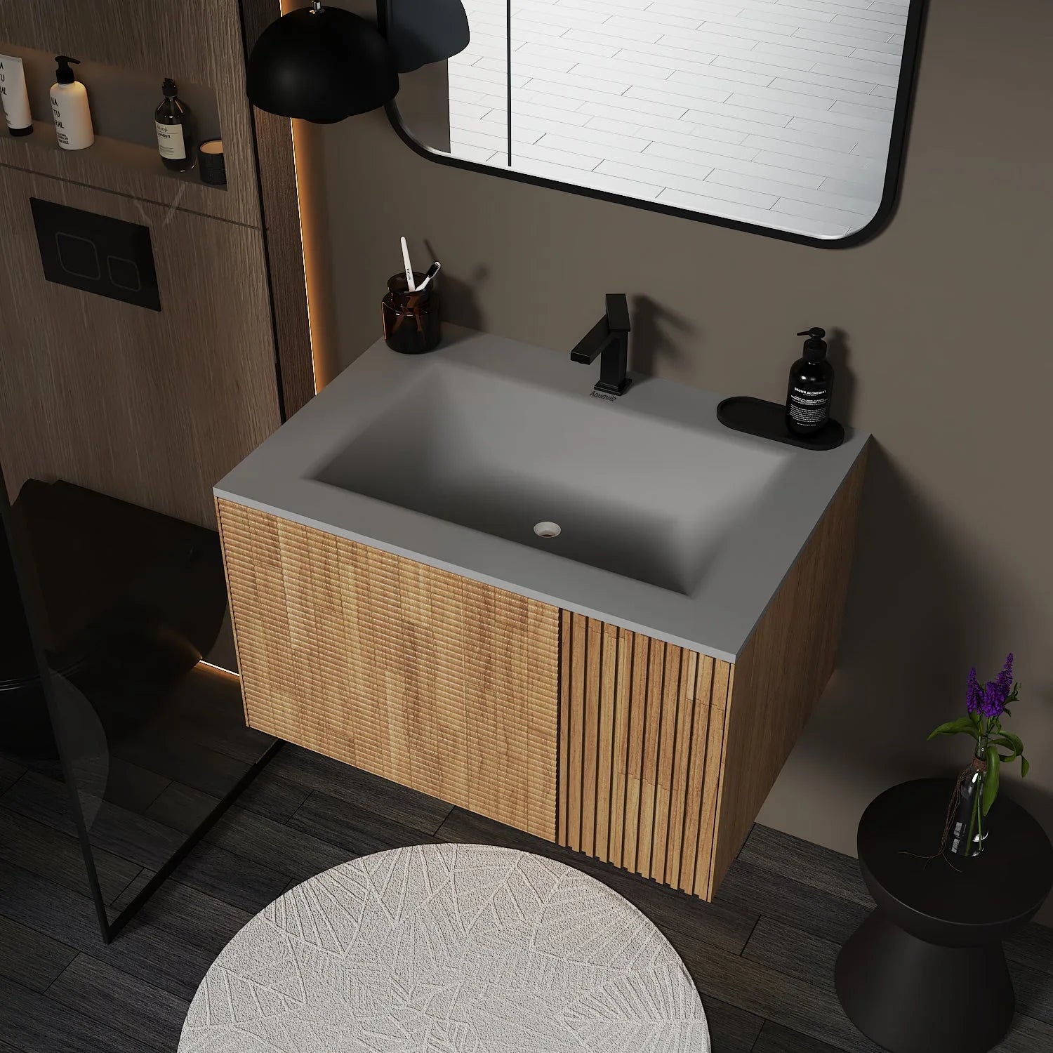 Aventino Linea 36" Matte Grey Oak Floating Single-Sink Vanity with Curved Sintered Stone Top