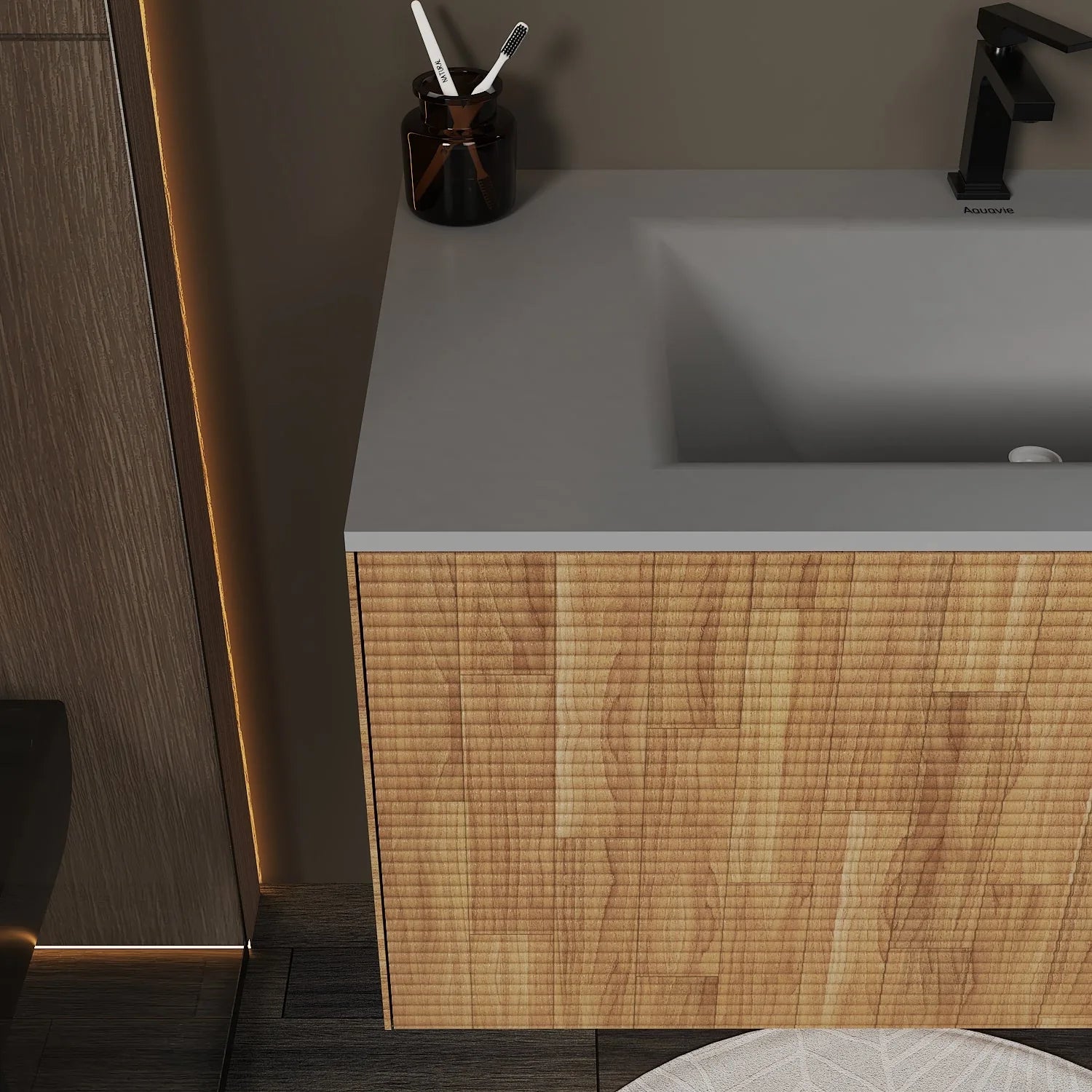 Aventino Linea 36" Matte Grey Oak Floating Single-Sink Vanity with Curved Sintered Stone Top