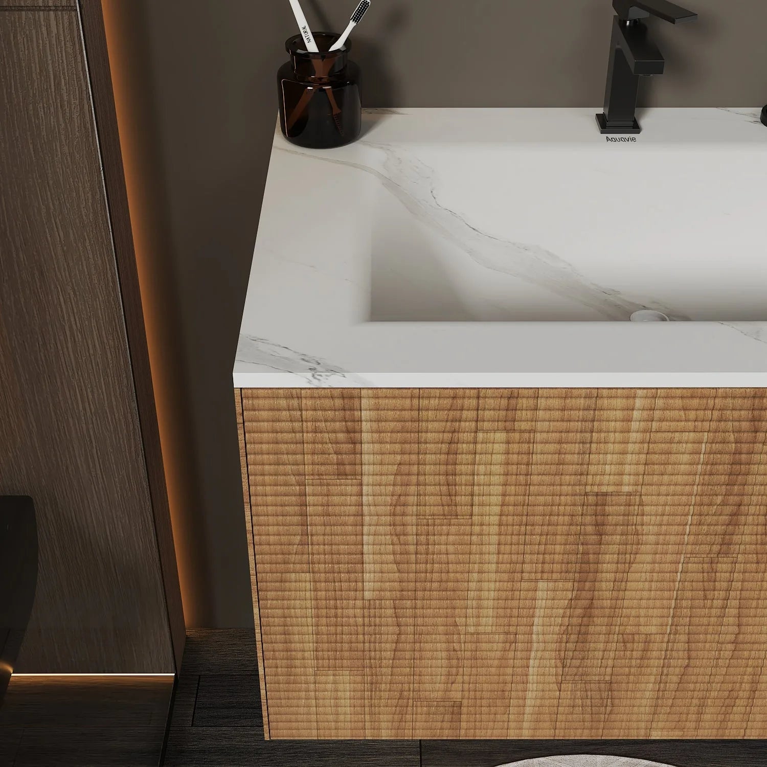 Aventino Linea 36" Matte Grey Oak Floating Single-Sink Vanity with Curved Sintered Stone Top