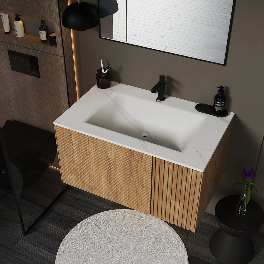 Aventino Linea 36" Matte Grey Oak Floating Single-Sink Vanity with Curved Sintered Stone Top