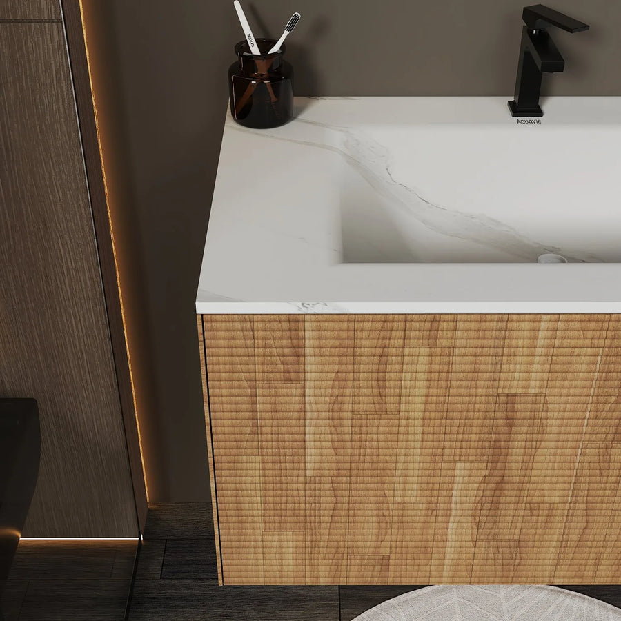 Aventino Linea 36" Matte Grey Oak Floating Single-Sink Vanity with Curved Sintered Stone Top