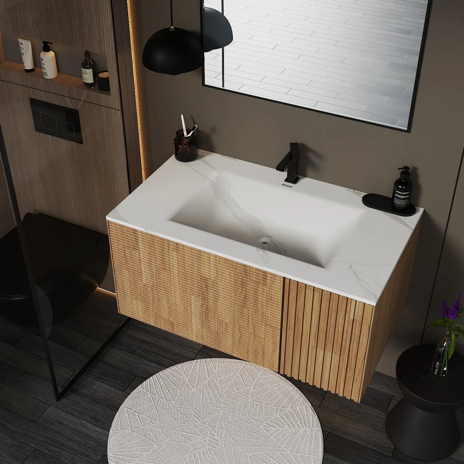 Aventino Linea 36" Matte Grey Oak Floating Single-Sink Vanity with Curved Sintered Stone Top