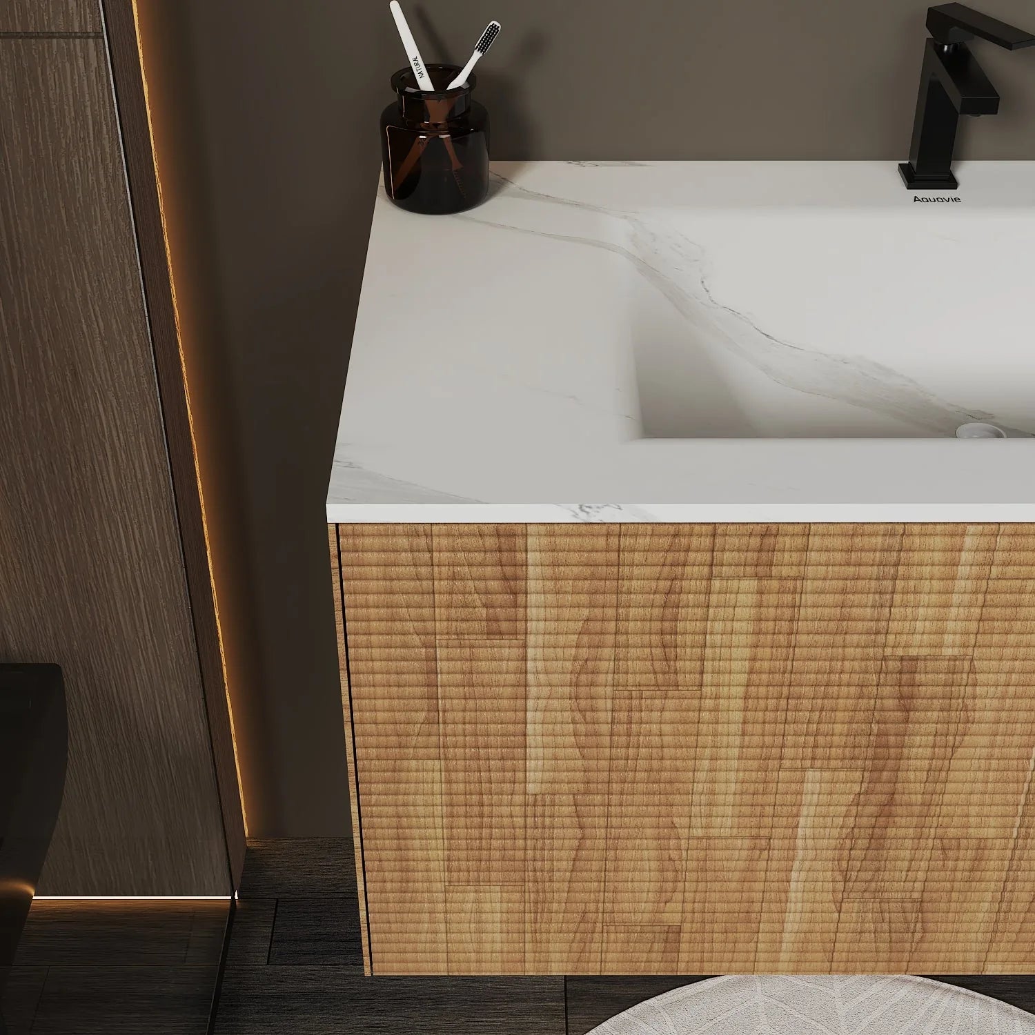 Aventino Linea 36" Matte Grey Oak Floating Single-Sink Vanity with Curved Sintered Stone Top