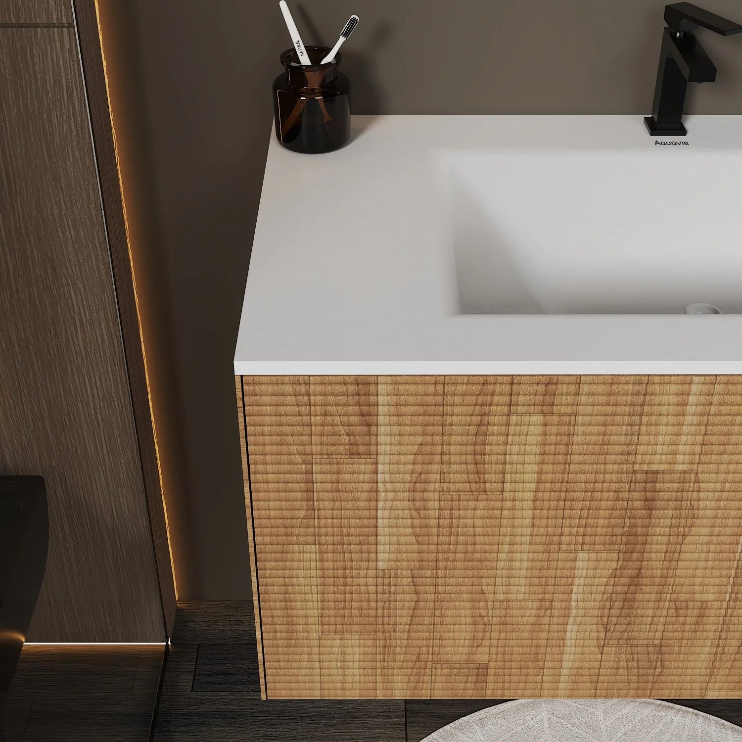 Aventino Linea 36" Matte Grey Oak Floating Single-Sink Vanity with Curved Sintered Stone Top