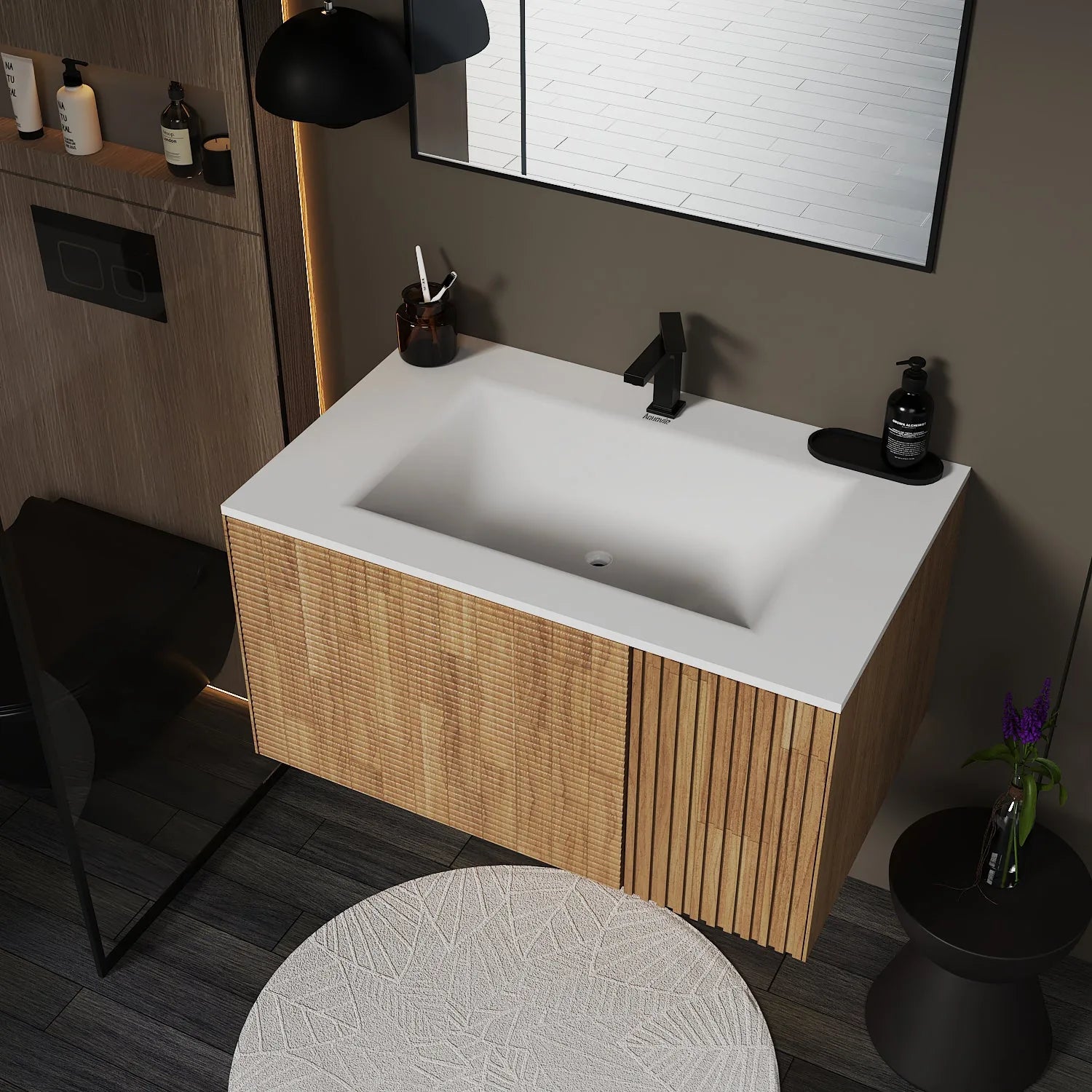 Aventino Linea 36" Matte Grey Oak Floating Single-Sink Vanity with Curved Sintered Stone Top