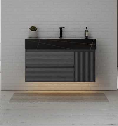 Aventino 40-48" Black Marquina Gold Veins single-sink fluted floating vanity — sintered stone top