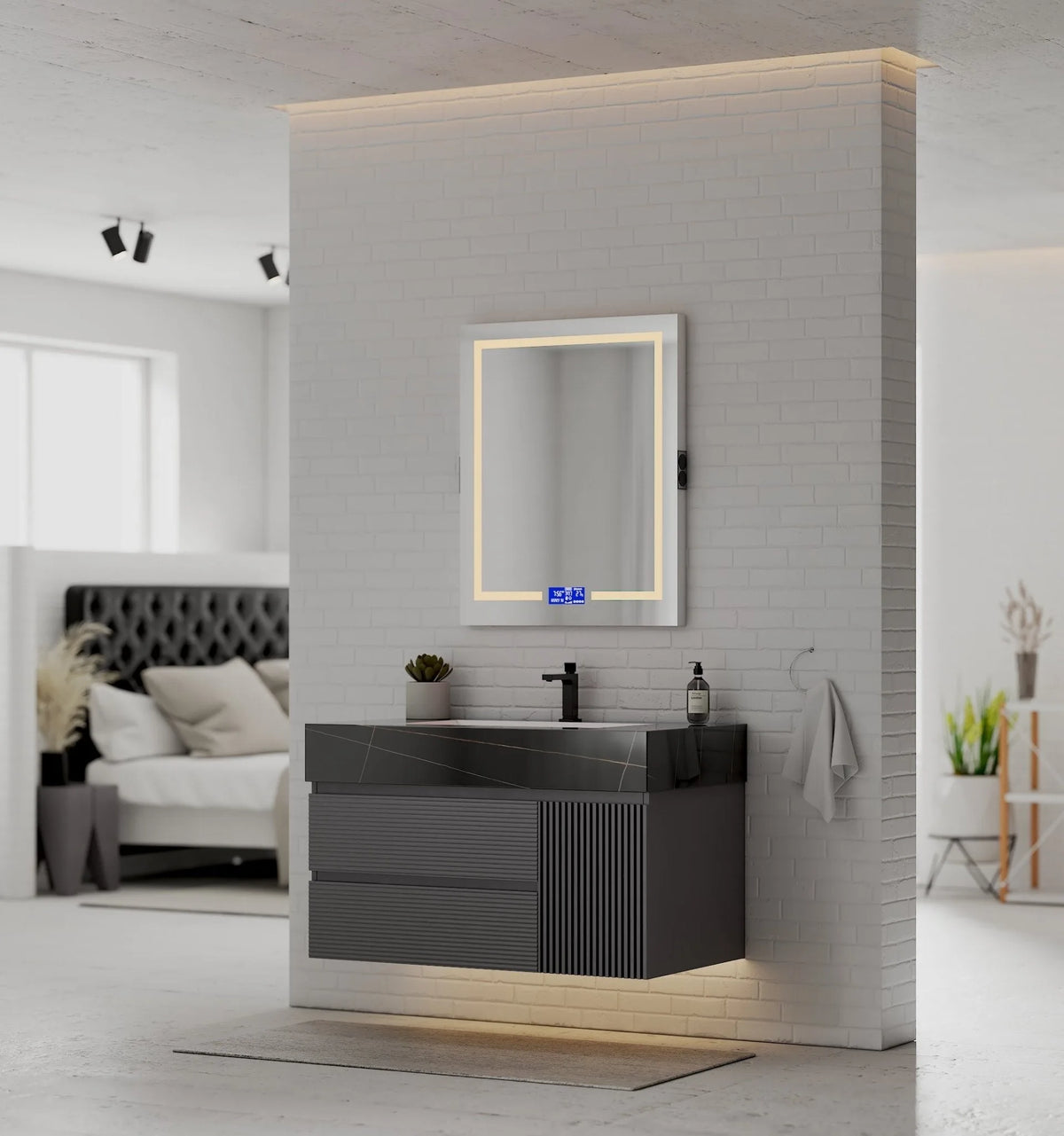 Aventino 40-48" Black Marquina Gold Veins single-sink fluted floating vanity — sintered stone top