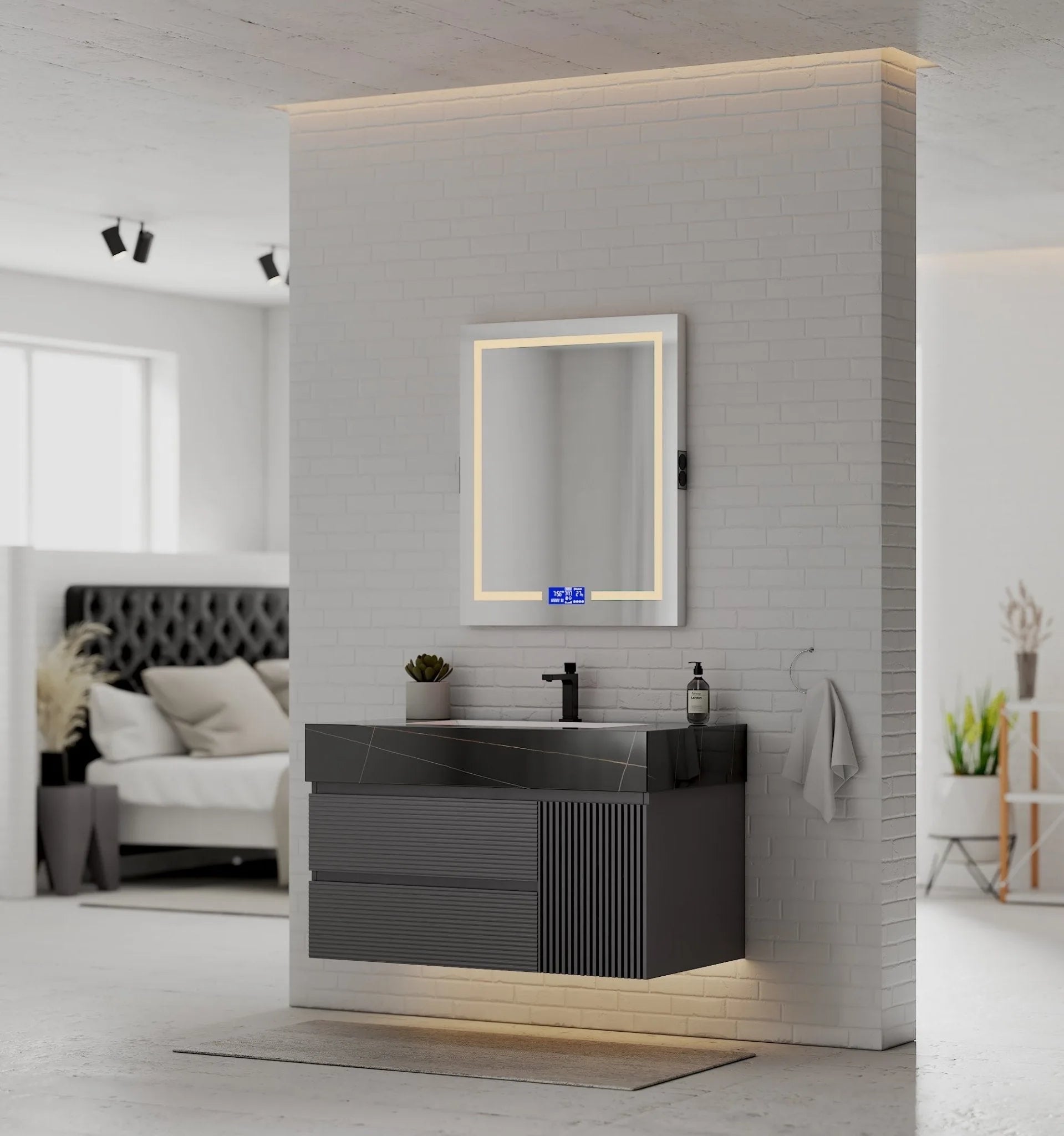 Aventino 40-48" Dark Grey Fluted Floating Single-Sink Vanity with Sintered Stone Top