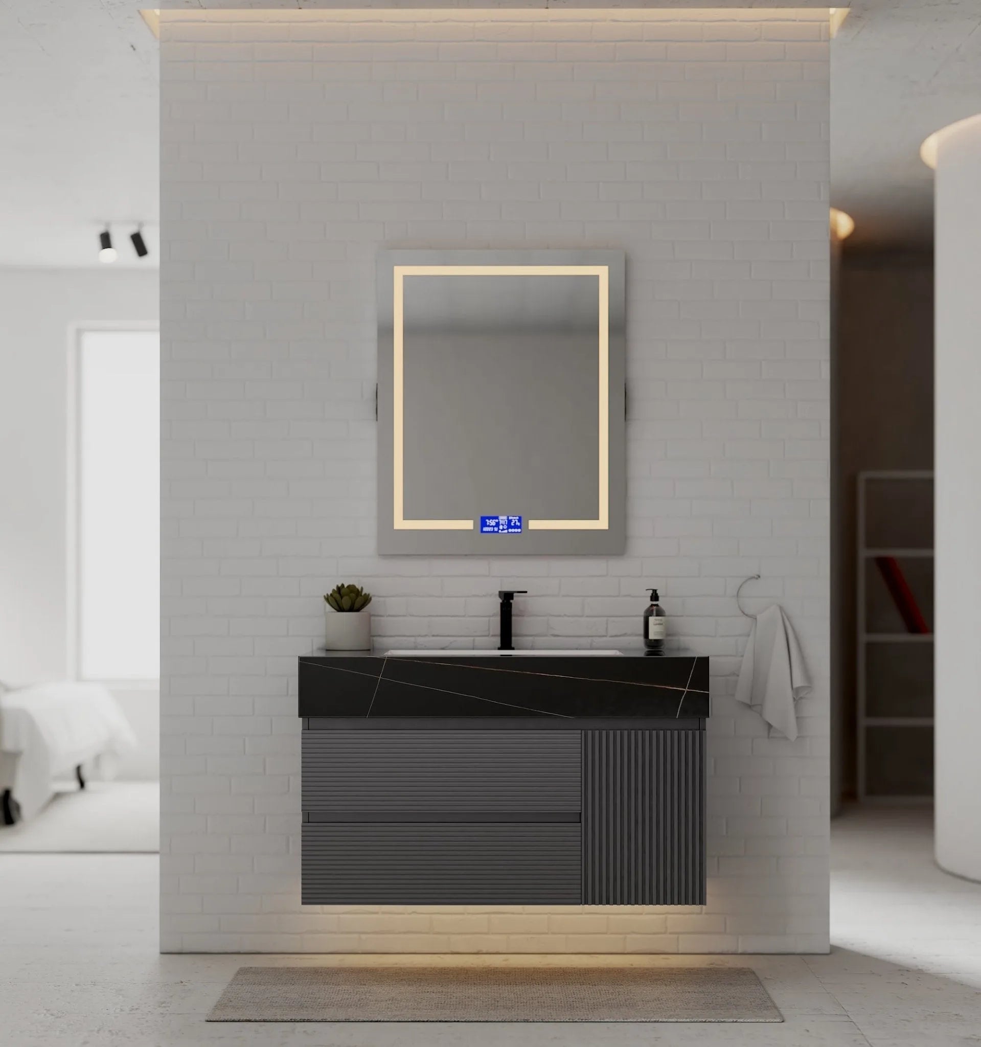 Aventino 40-48" Dark Grey Fluted Floating Single-Sink Vanity with Sintered Stone Top