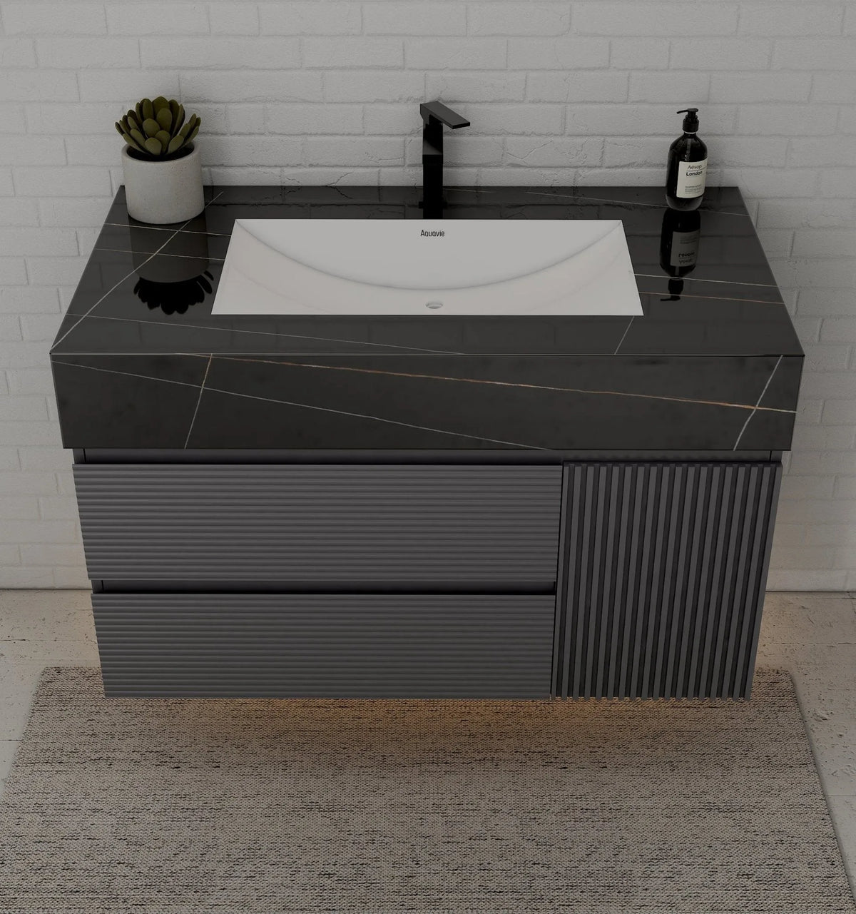 Aventino 40-48" Black Marquina Gold Veins single-sink fluted floating vanity — sintered stone top