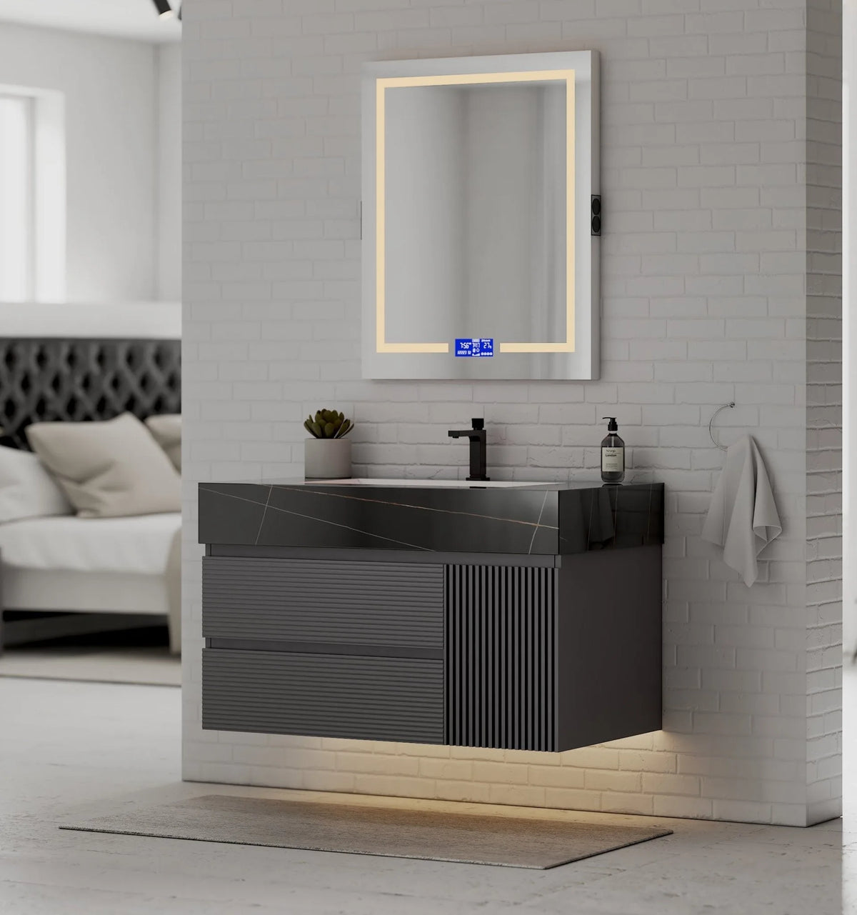 Aventino 40-48" Black Marquina Gold Veins single-sink fluted floating vanity — sintered stone top