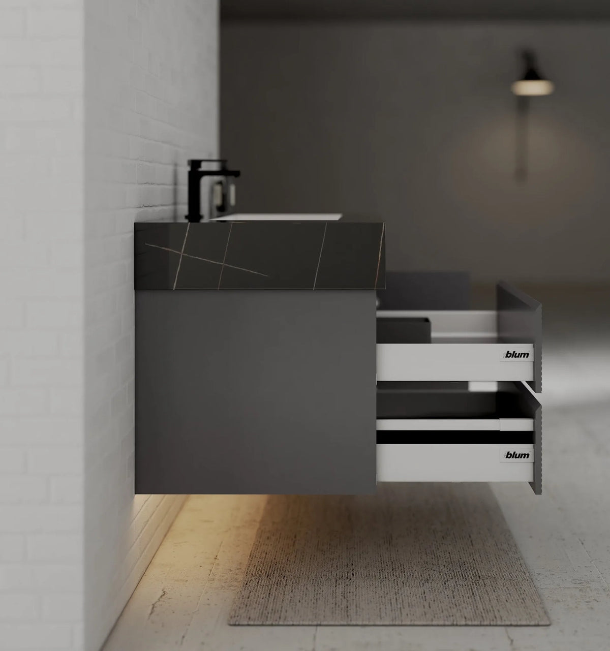 Aventino 40-48" Black Marquina Gold Veins single-sink fluted floating vanity — sintered stone top