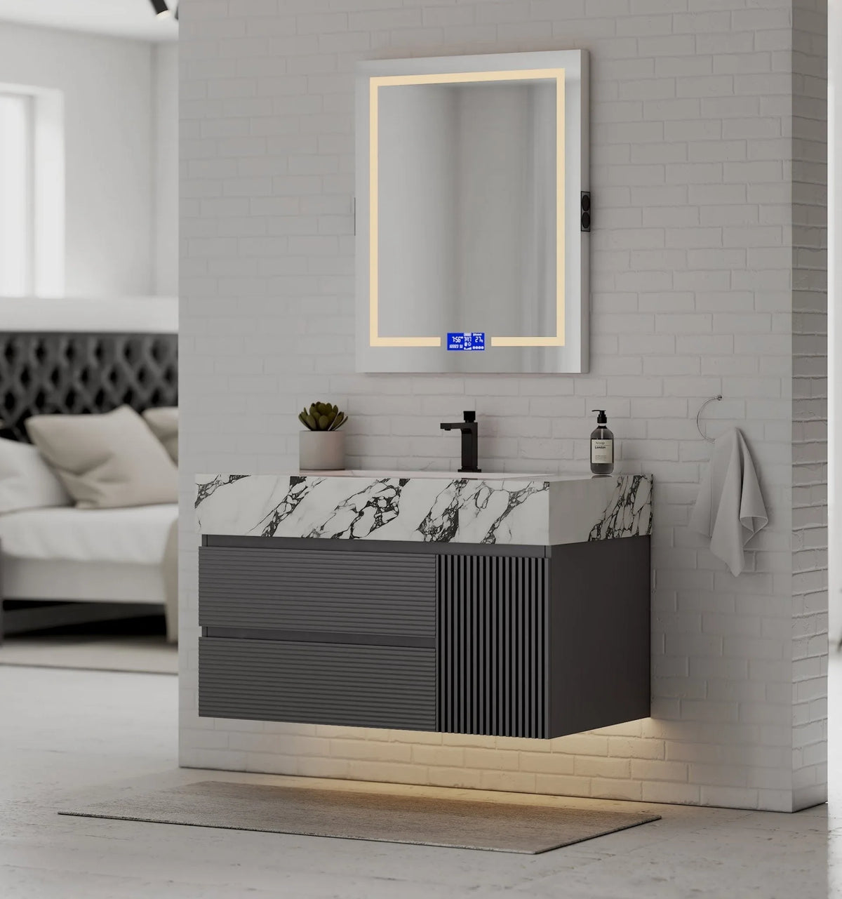Aventino 40-48" Calacatta Black single-sink fluted floating vanity — sintered stone top