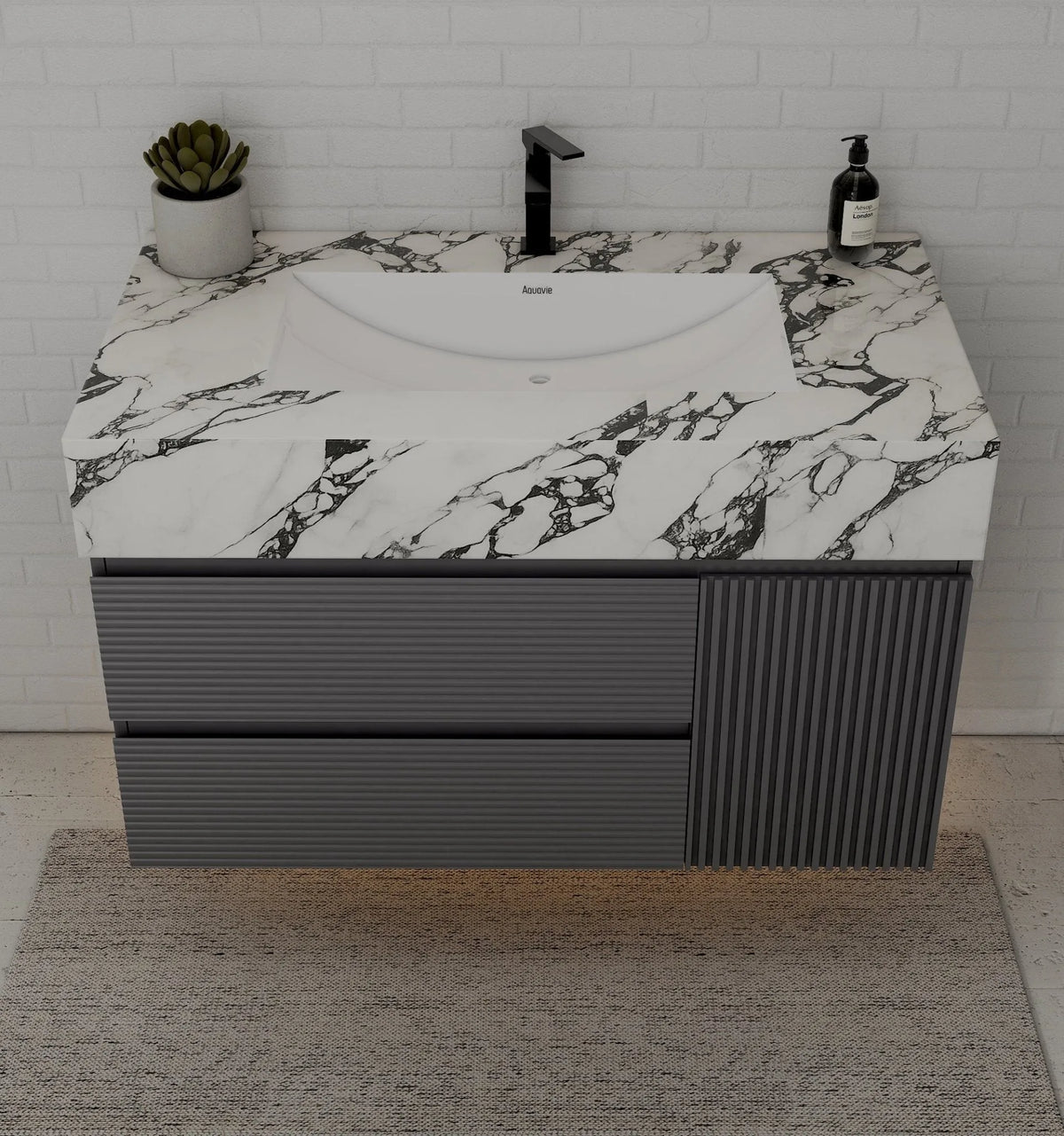 Aventino 40-48" Calacatta Black single-sink fluted floating vanity — sintered stone top