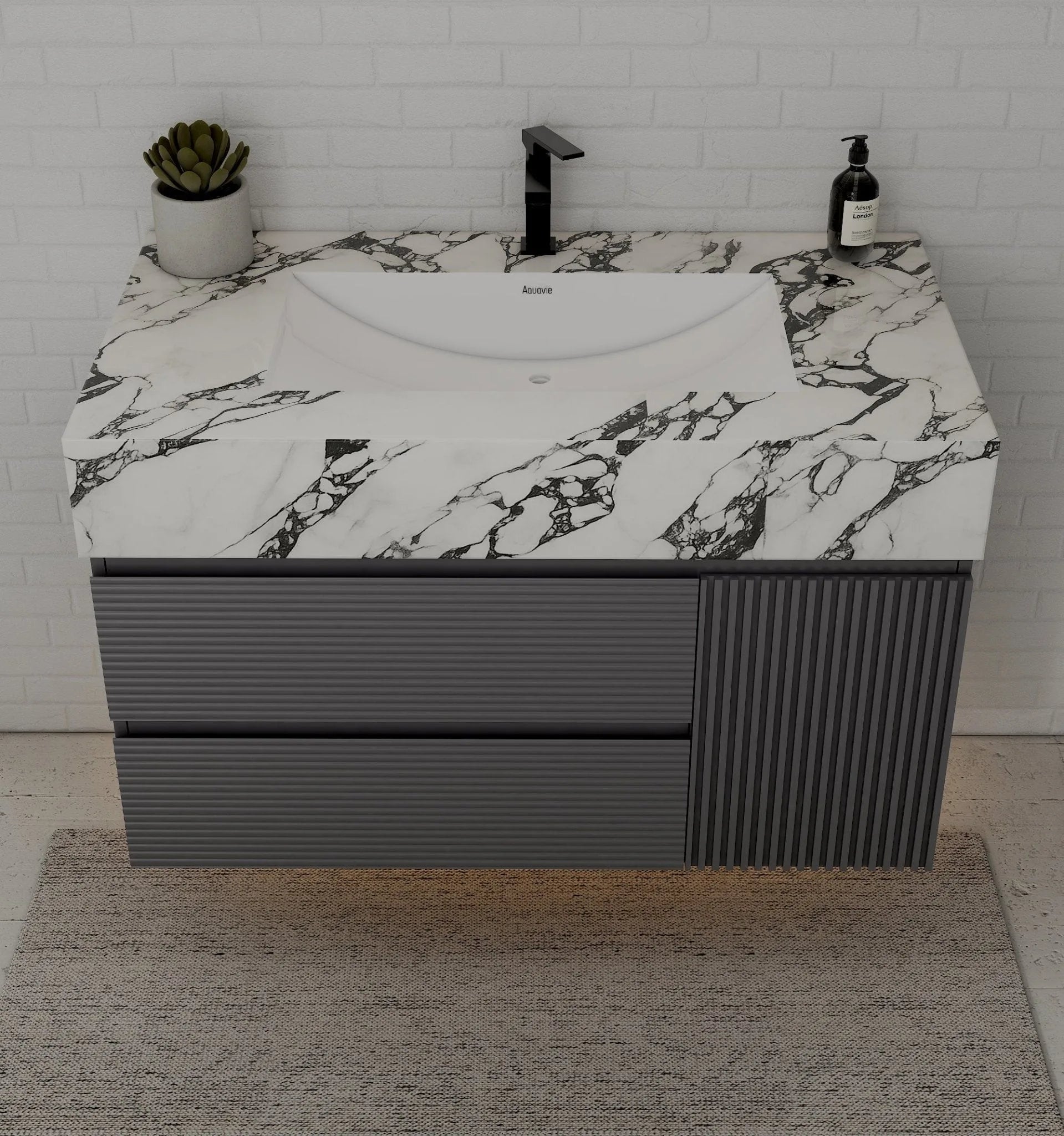 Aventino 40-48" Dark Grey Fluted Floating Single-Sink Vanity with Sintered Stone Top