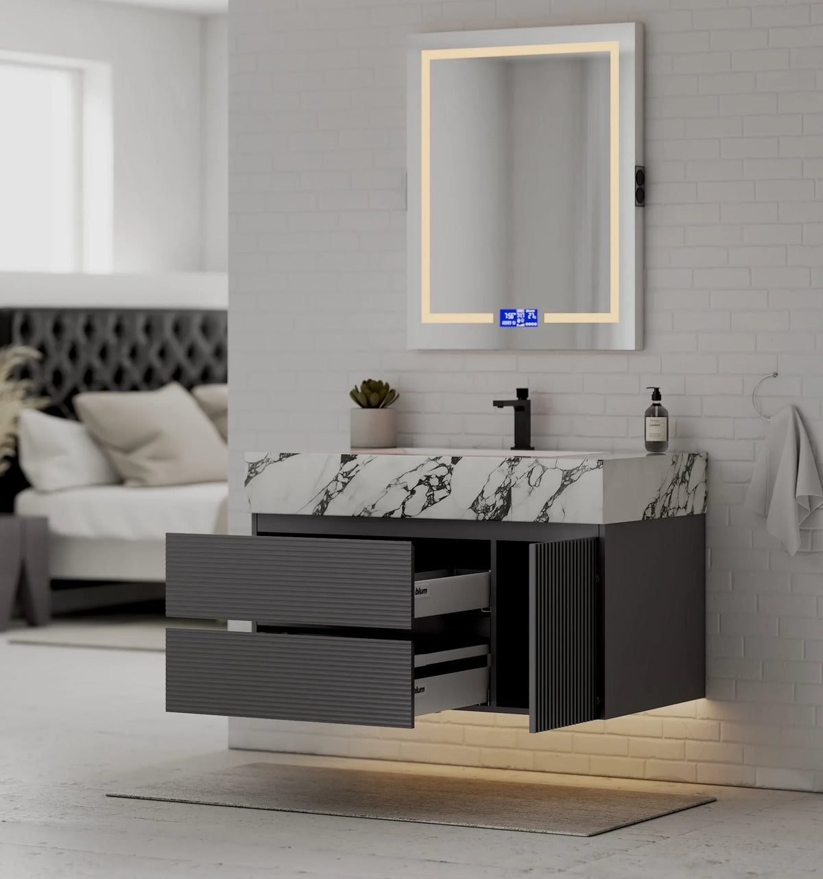 Aventino 40-48" Calacatta Black single-sink fluted floating vanity — sintered stone top
