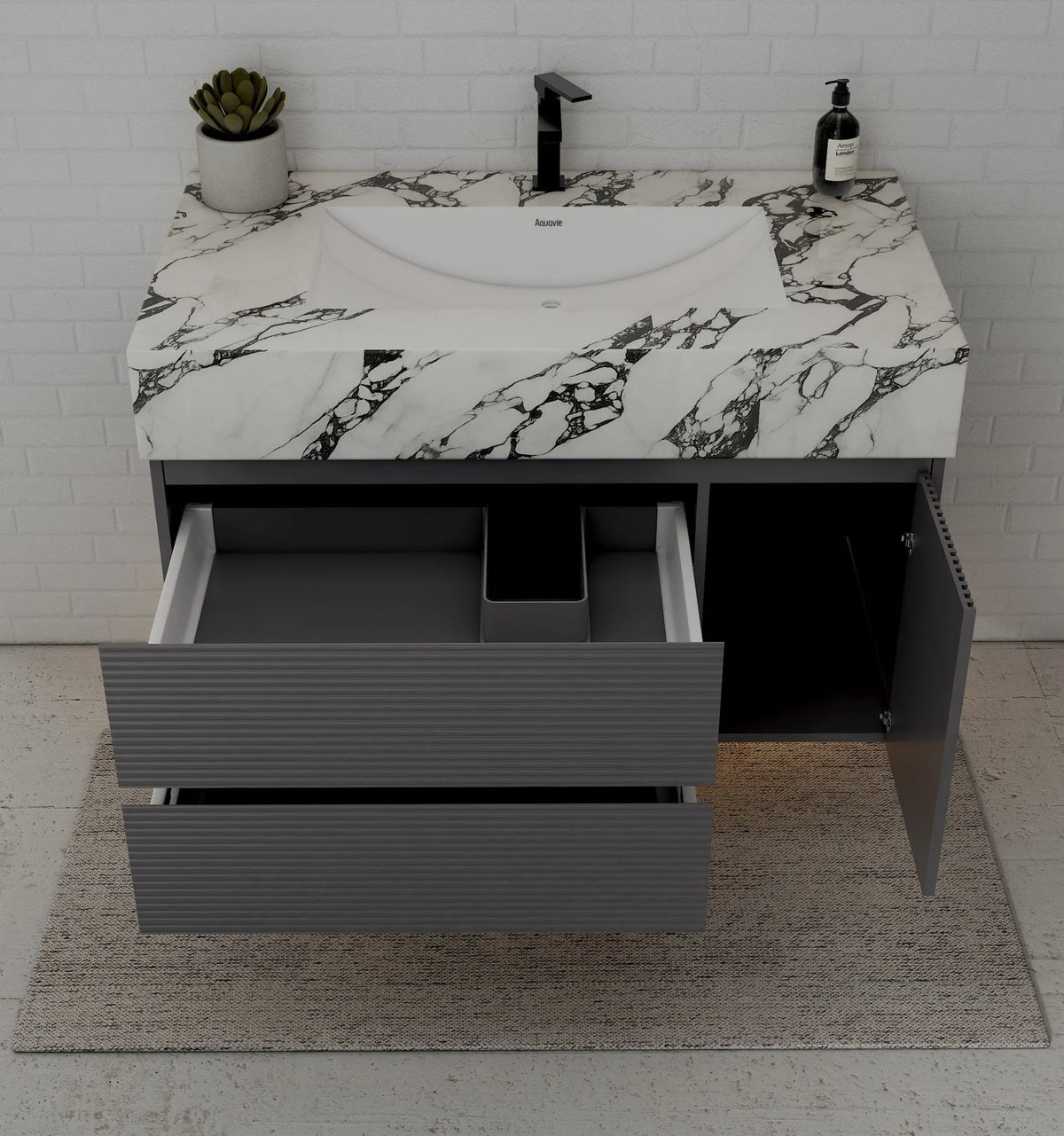 Aventino 40-48" Calacatta Black single-sink fluted floating vanity — sintered stone top