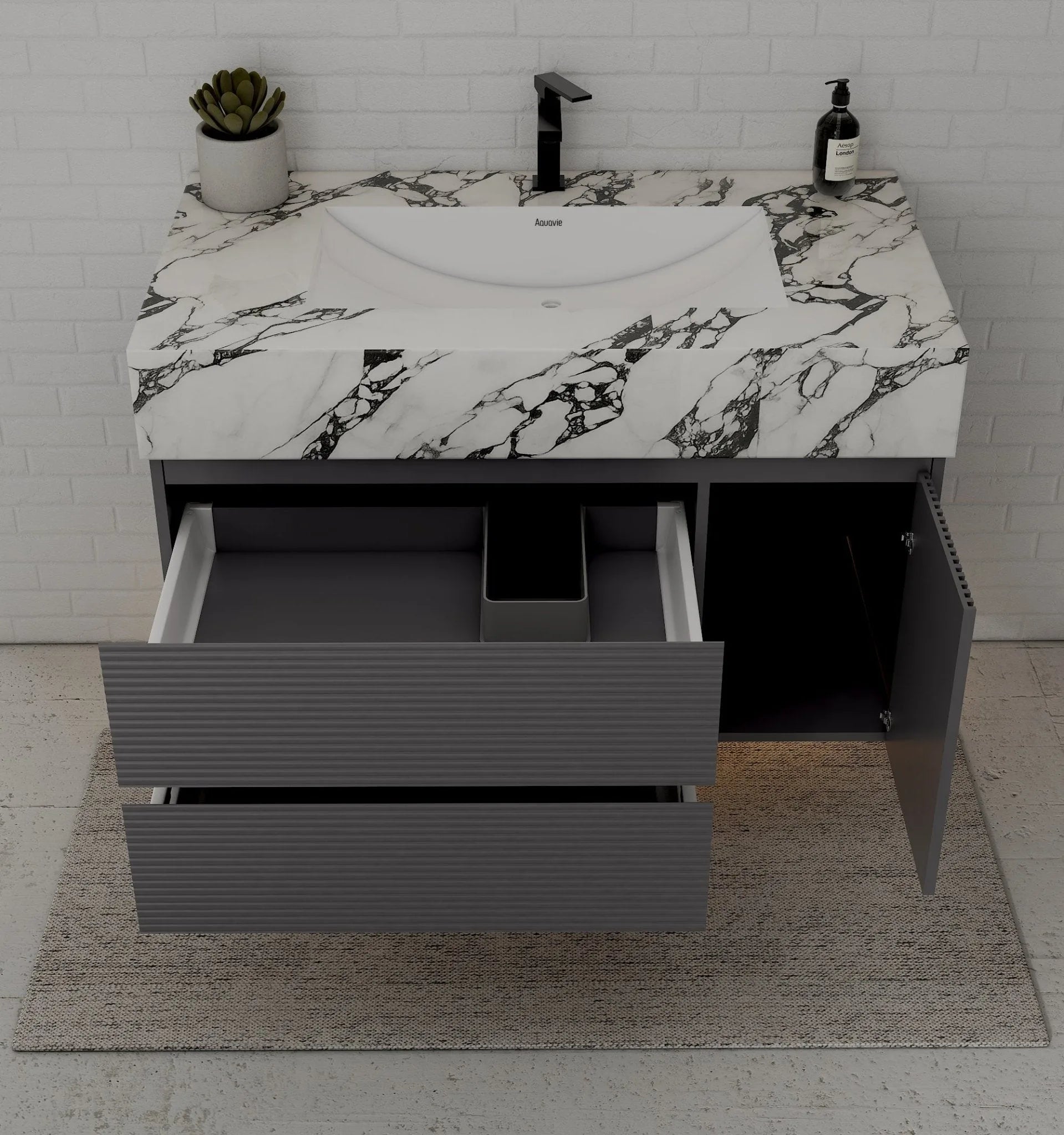 Aventino 40-48" Dark Grey Fluted Floating Single-Sink Vanity with Sintered Stone Top