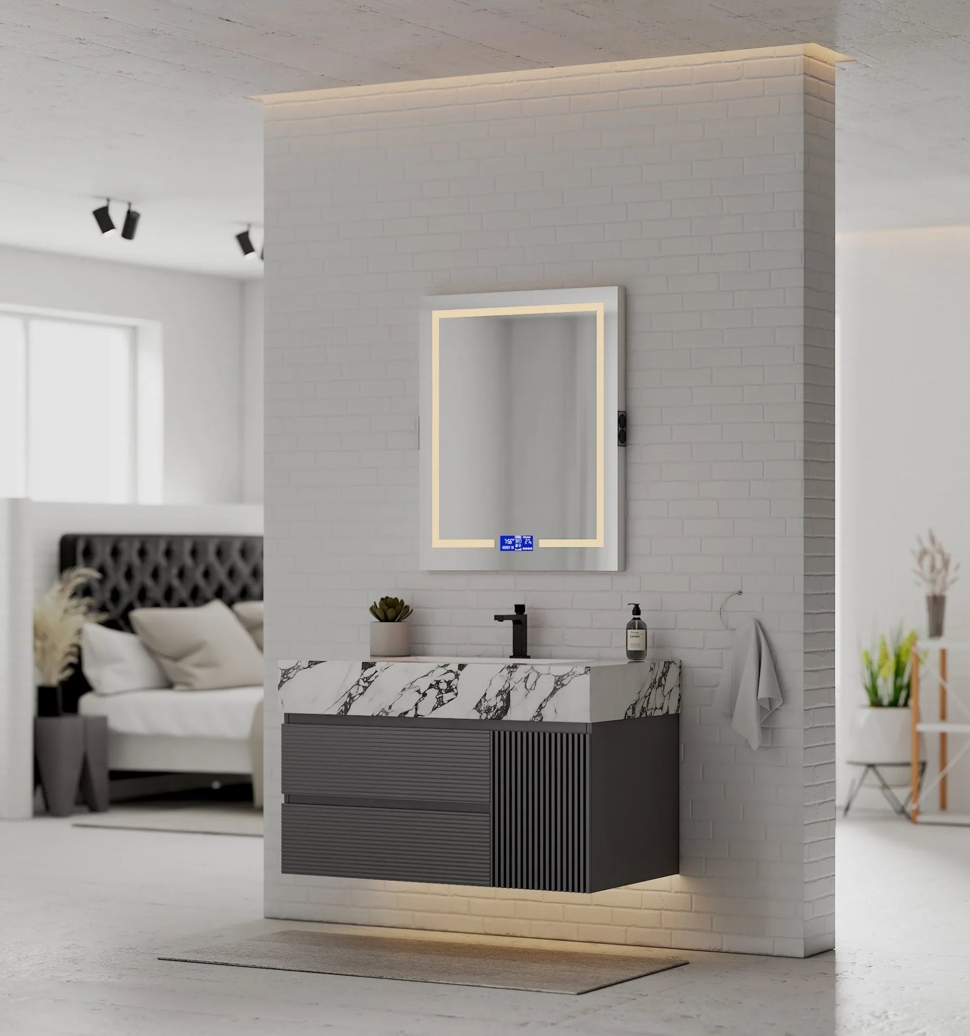 Aventino 40-48" Dark Grey Fluted Floating Single-Sink Vanity with Sintered Stone Top
