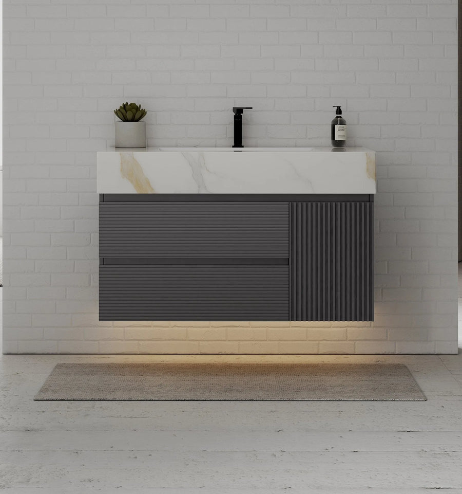 Aventino 40-48" Dark Grey Fluted Floating Single-Sink Vanity with Sintered Stone Top