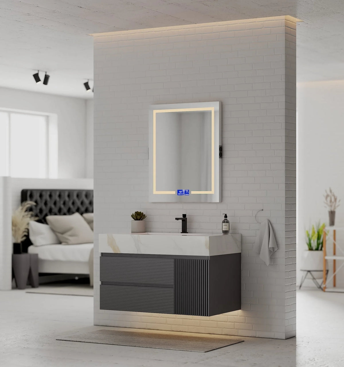Aventino 40-48" Calacatta Gold single-sink fluted floating vanity — sintered stone top