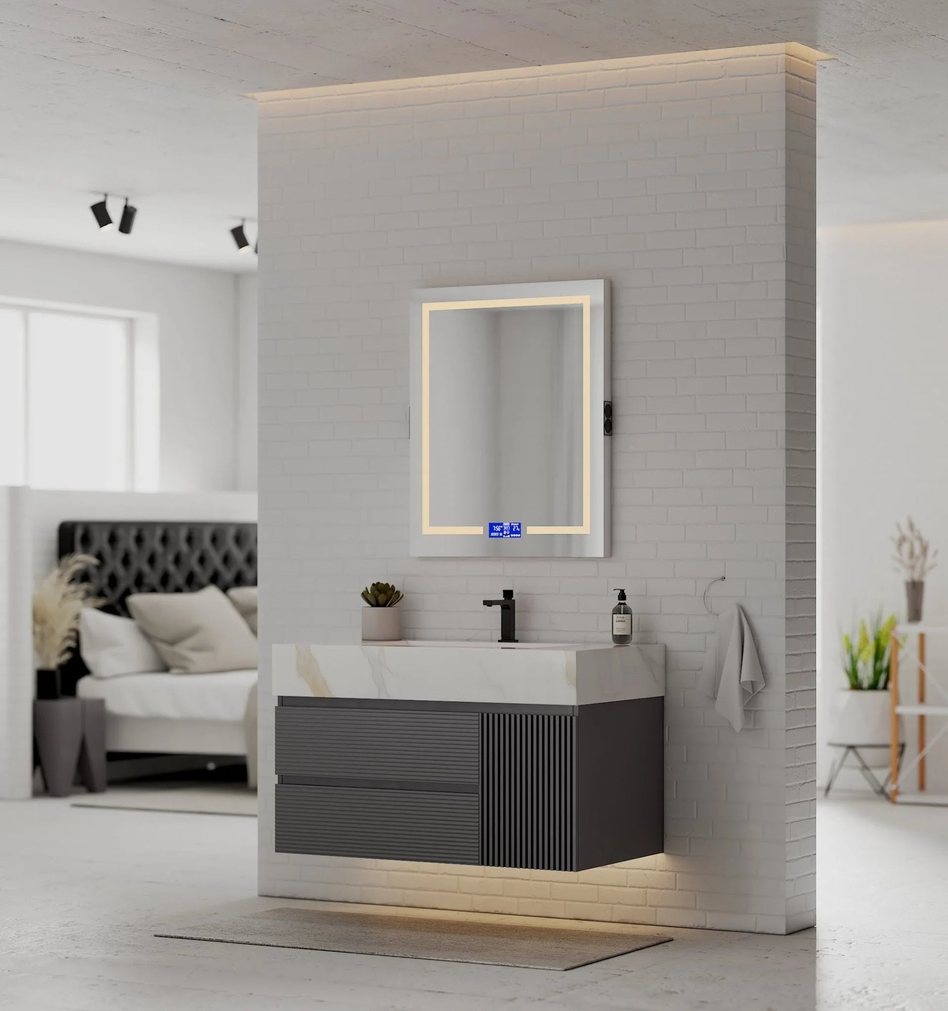 Aventino 40-48" Dark Grey Fluted Floating Single-Sink Vanity with Sintered Stone Top