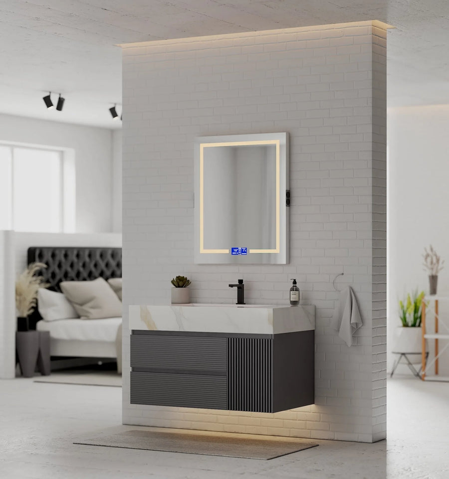 Aventino 40-48" Dark Grey Fluted Floating Single-Sink Vanity with Sintered Stone Top