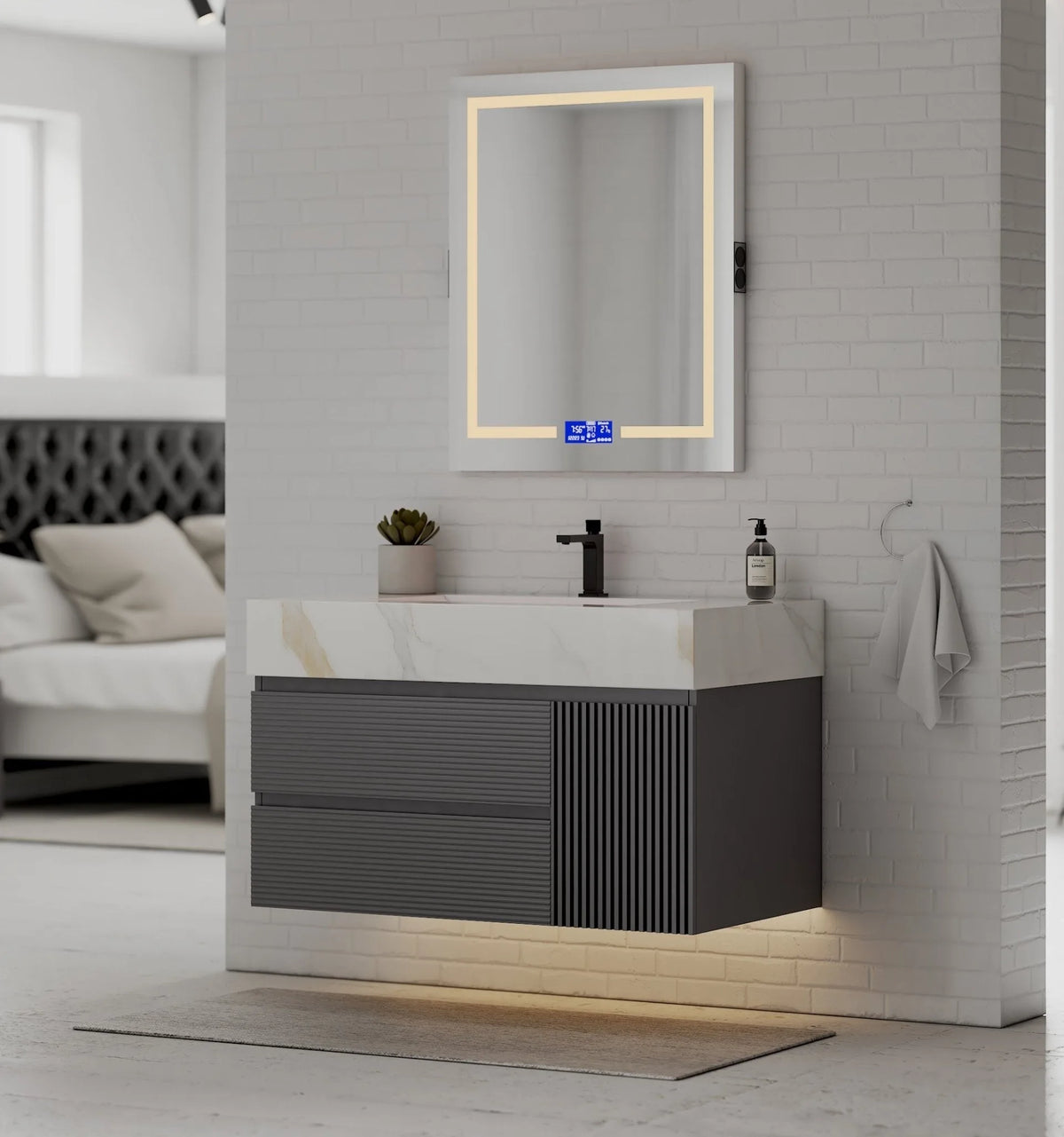 Aventino 40-48" Calacatta Gold single-sink fluted floating vanity — sintered stone top