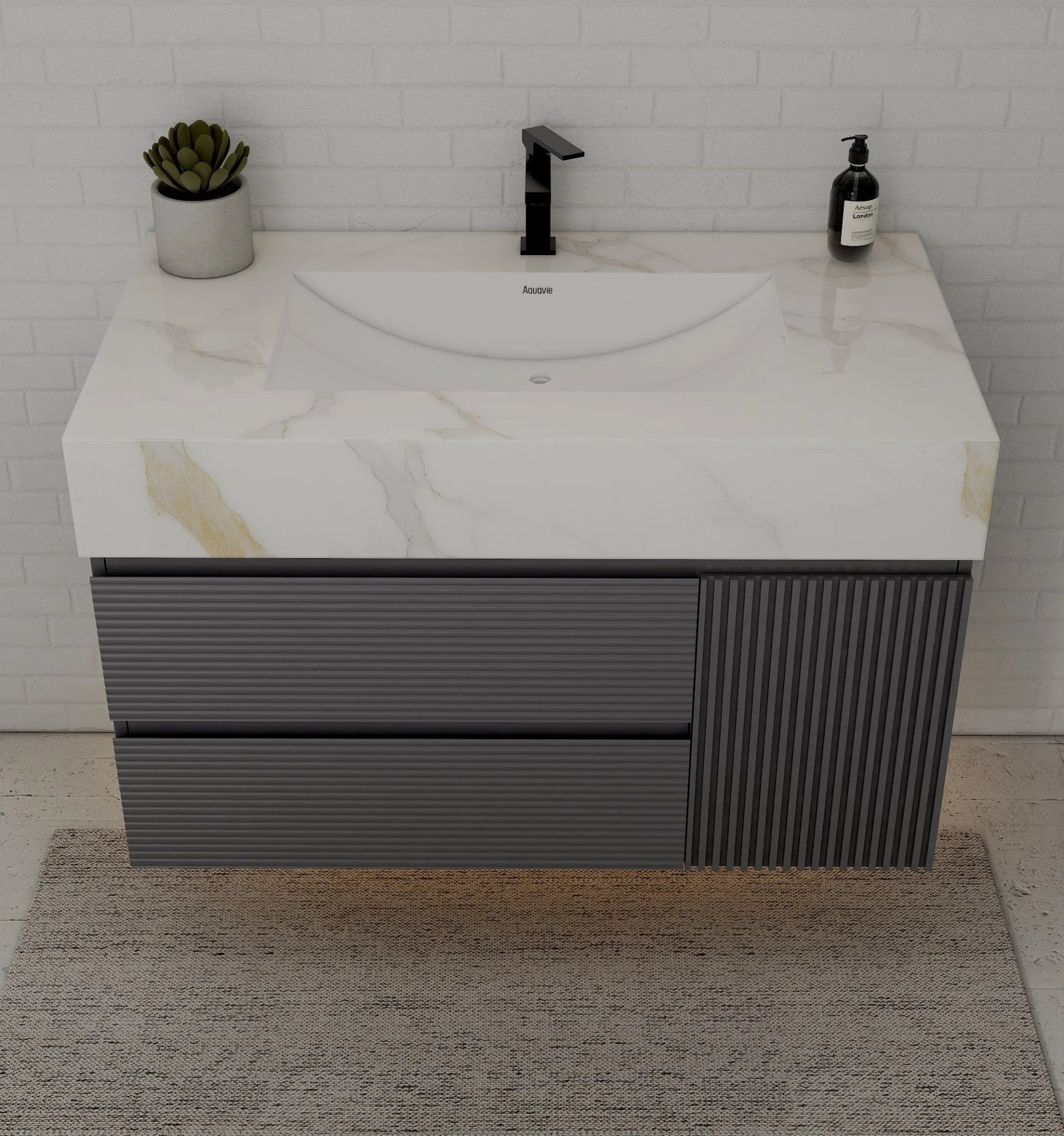 Aventino 40-48" Dark Grey Fluted Floating Single-Sink Vanity with Sintered Stone Top
