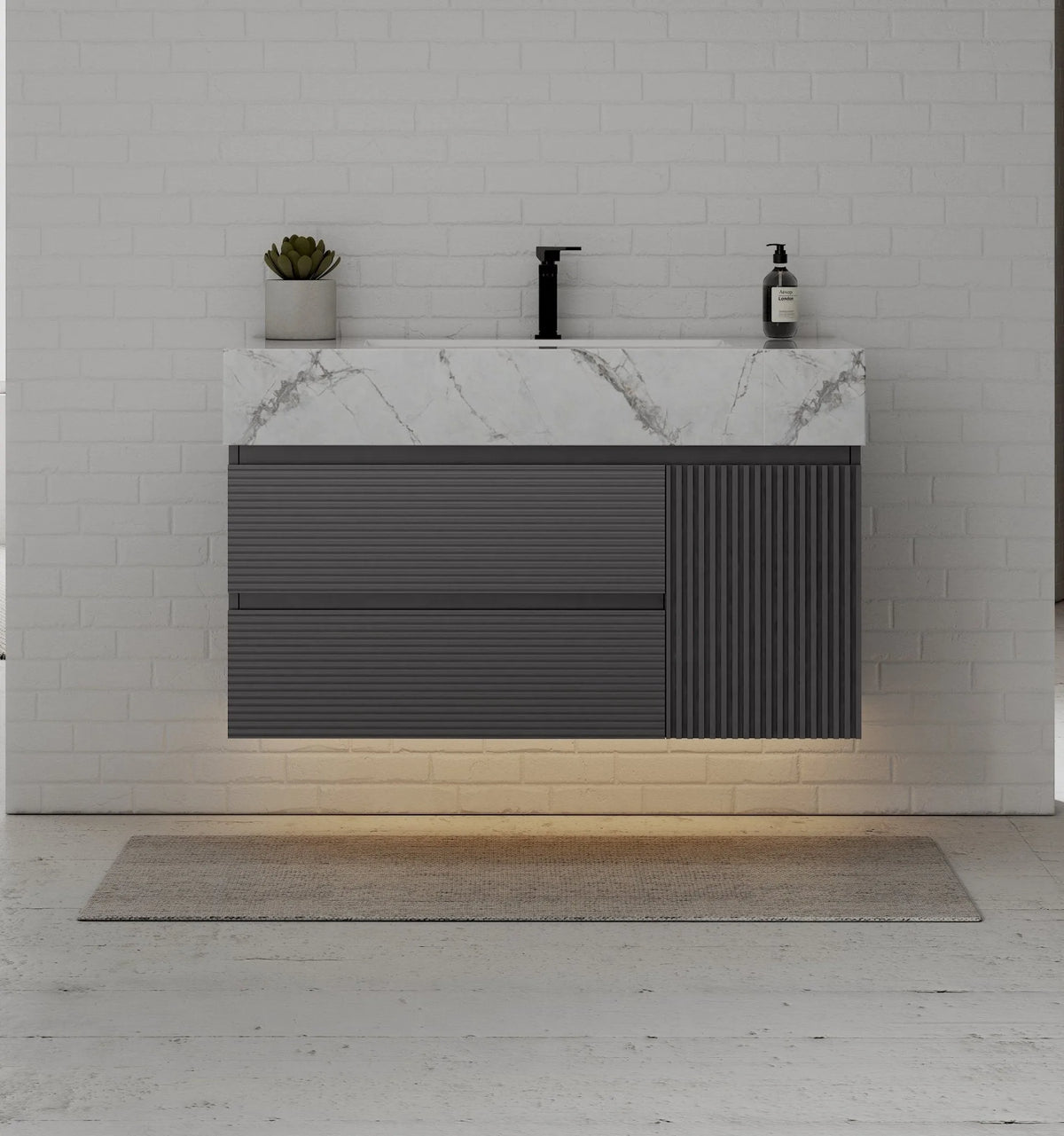 Aventino 40-48" Ice Grey single-sink fluted floating vanity — sintered stone top