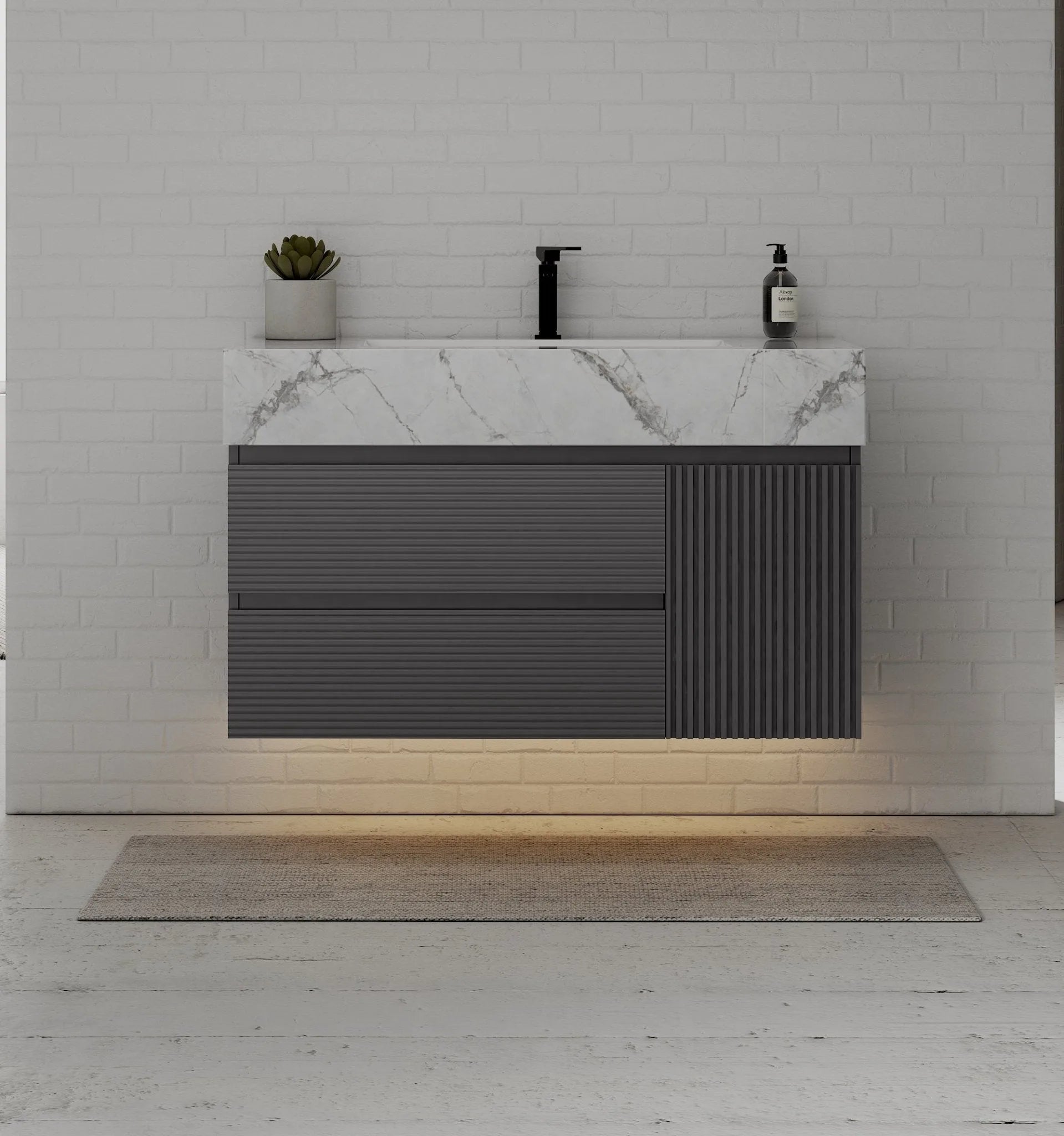 Aventino 40-48" Dark Grey Fluted Floating Single-Sink Vanity with Sintered Stone Top