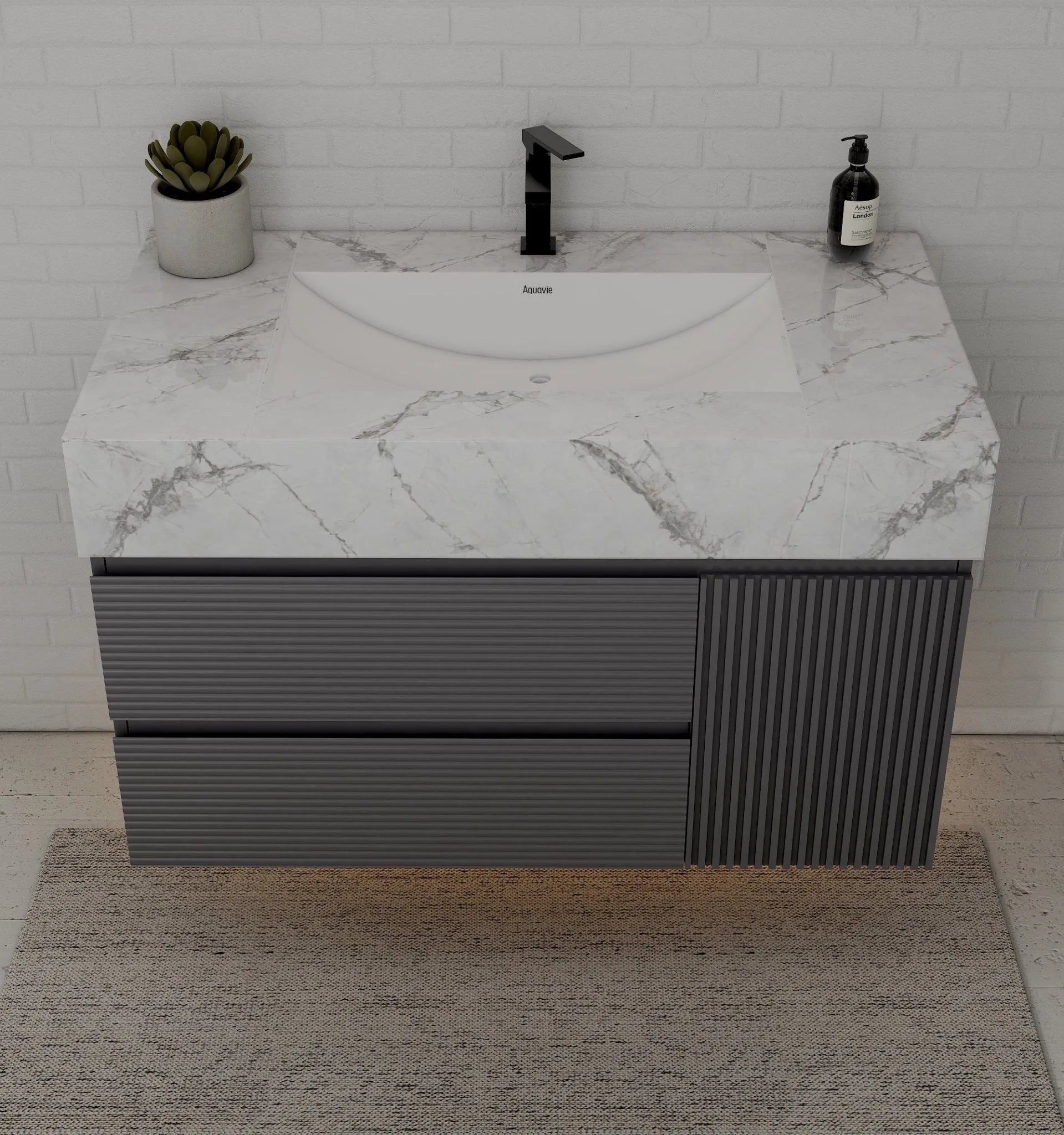 Aventino 40-48" Dark Grey Fluted Floating Single-Sink Vanity with Sintered Stone Top