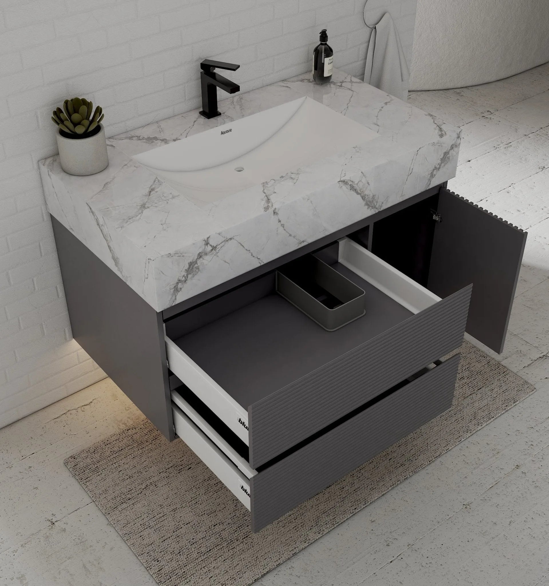 Aventino 40-48" Dark Grey Fluted Floating Single-Sink Vanity with Sintered Stone Top