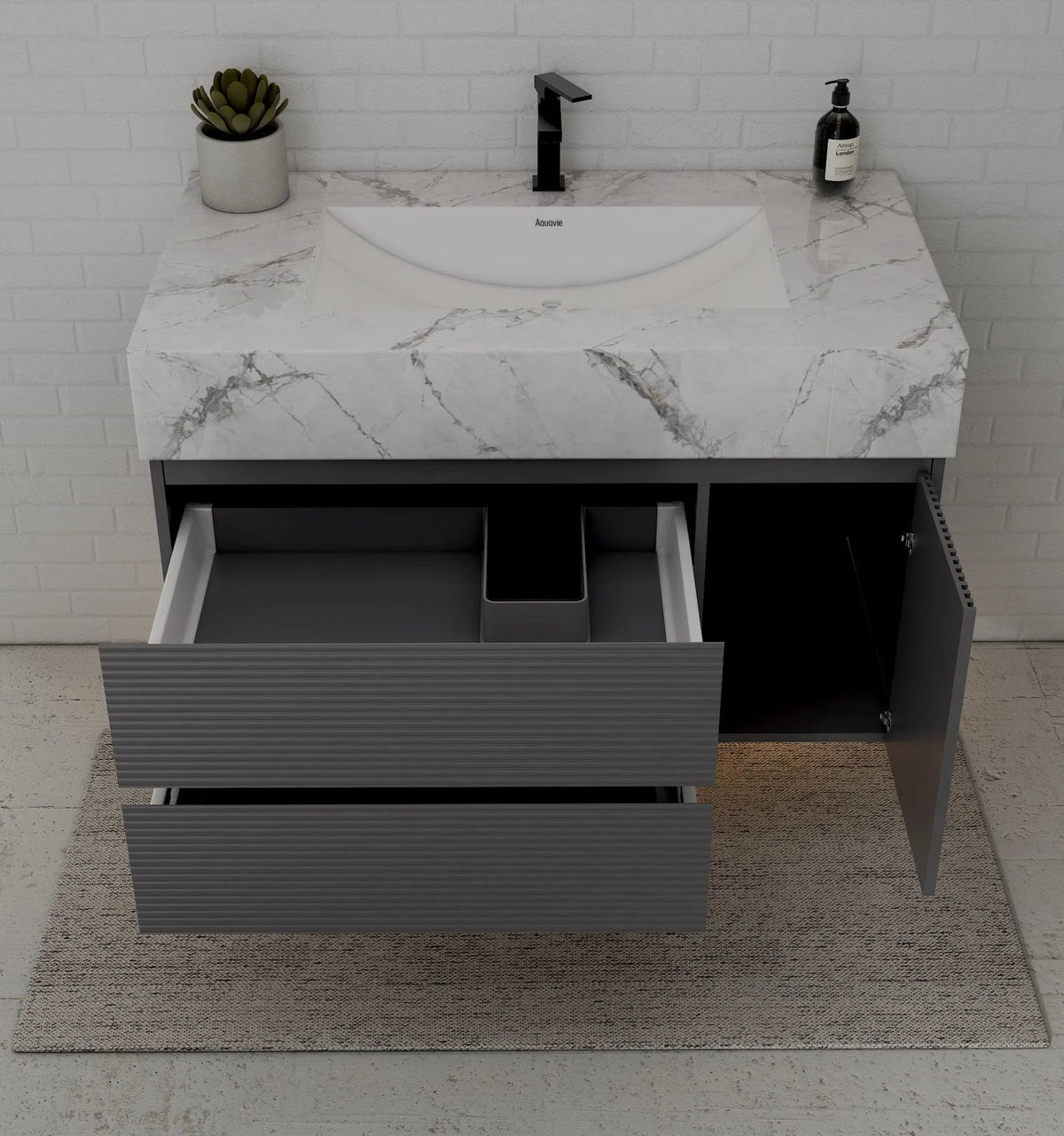 Aventino 40-48" Ice Grey single-sink fluted floating vanity — sintered stone top