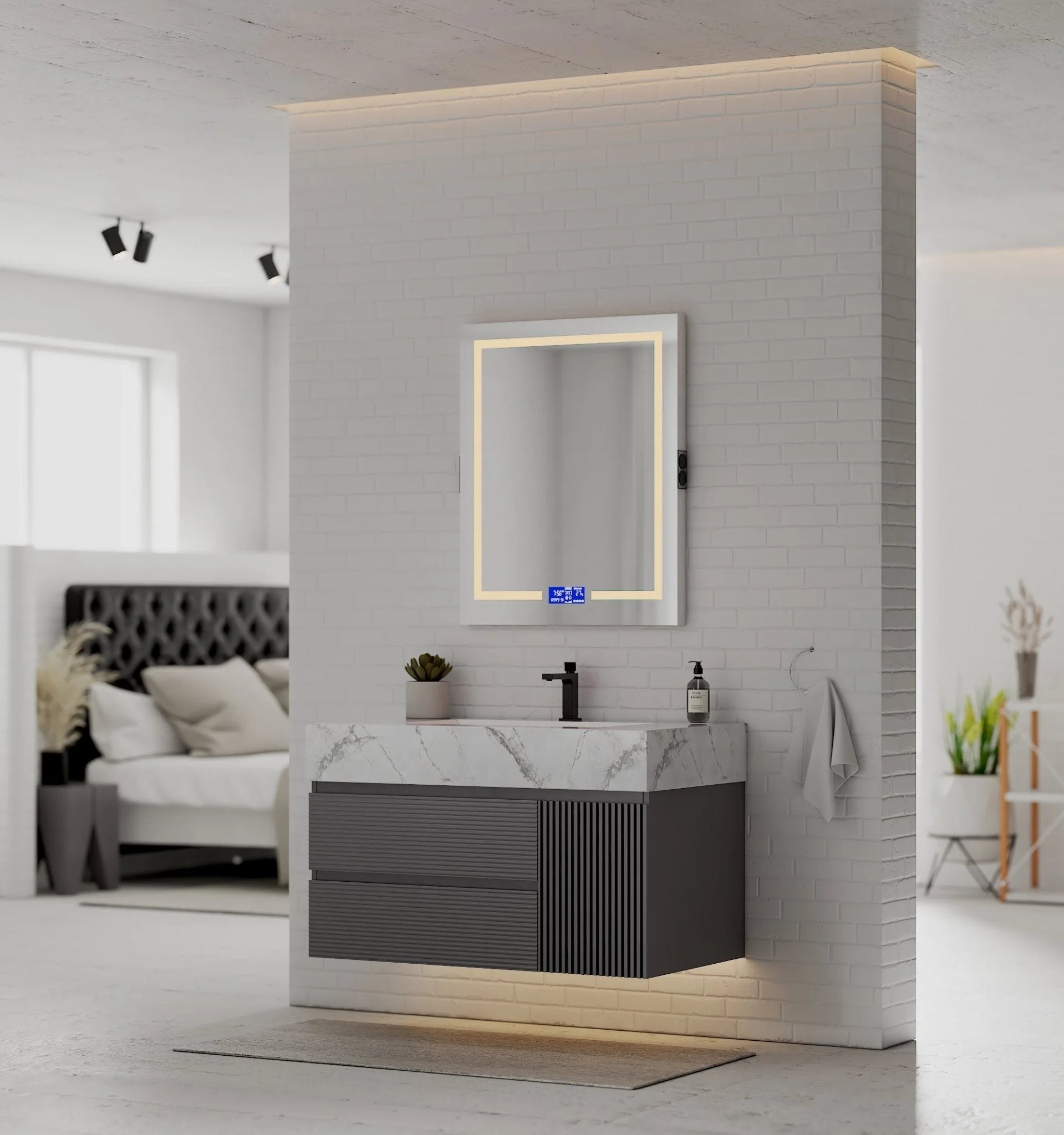 Aventino 40-48" Dark Grey Fluted Floating Single-Sink Vanity with Sintered Stone Top