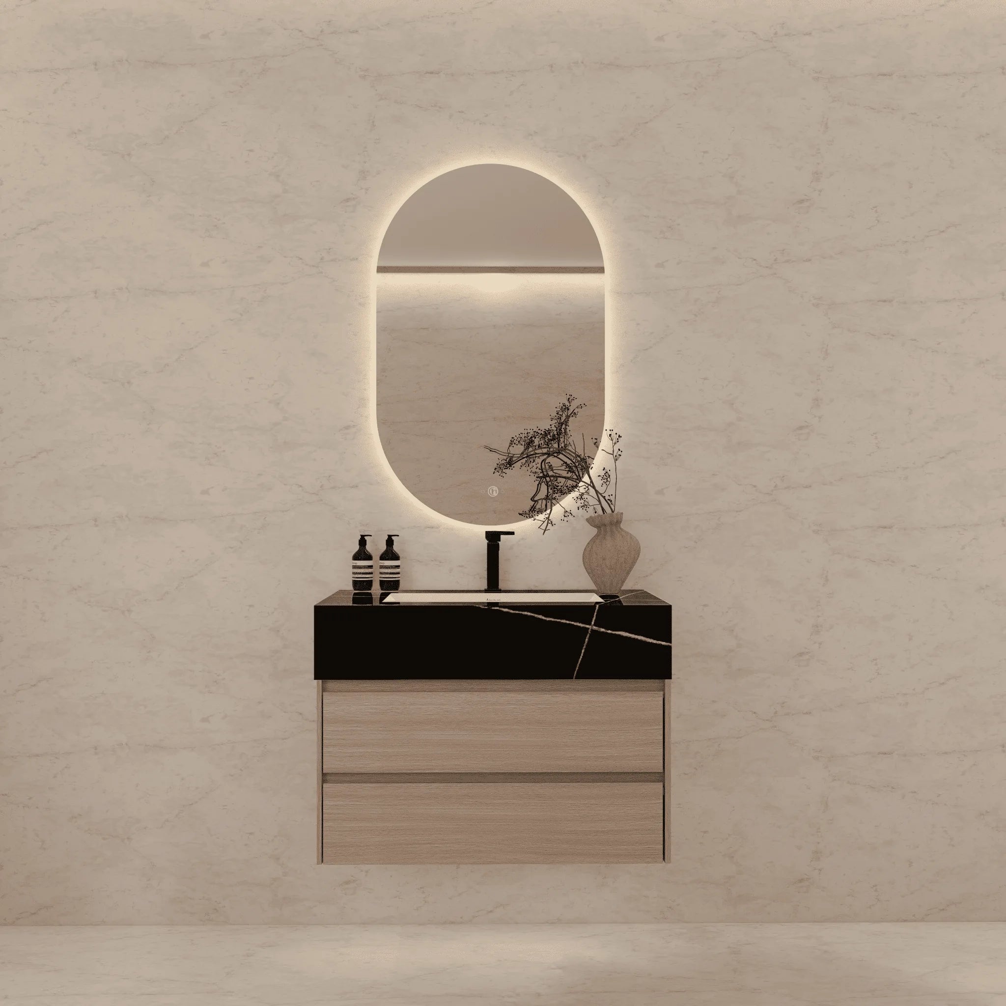 Aventino 32"–40" Nature Oak Floating Single-Sink Vanity with Sintered Stone Top