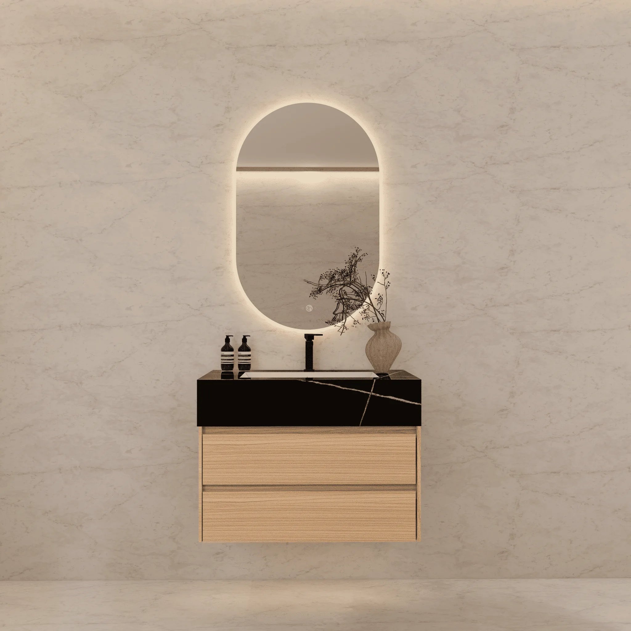Aventino 32"–40" Nature Oak Floating Single-Sink Vanity with Sintered Stone Top