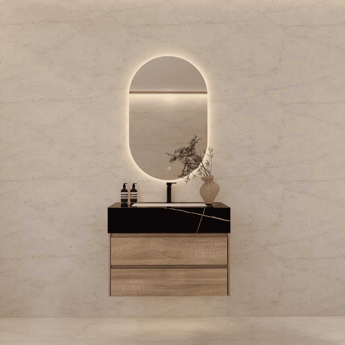 Aventino 40-inch Black Marquina modern floating single-sink vanity — sintered stone top