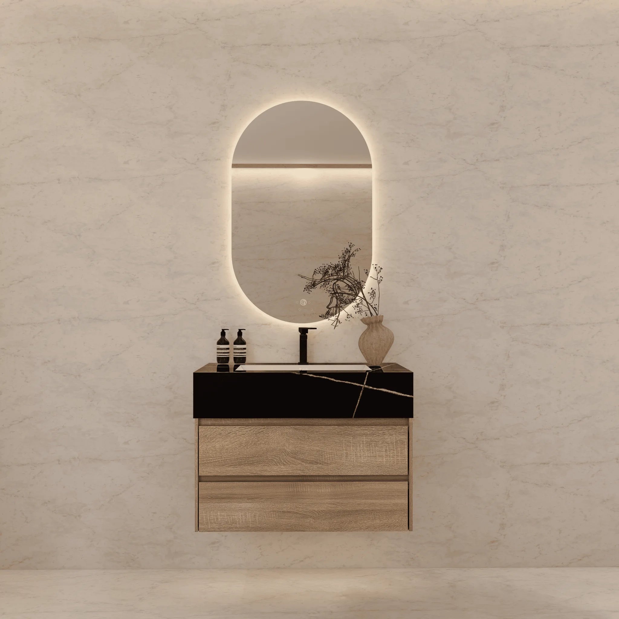 Aventino 32"–40" Nature Oak Floating Single-Sink Vanity with Sintered Stone Top
