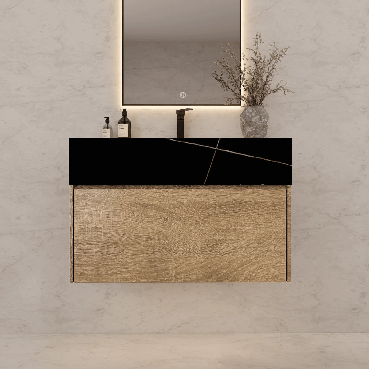 Aventino 40-inch Black Marquina modern floating single-sink vanity — sintered stone top