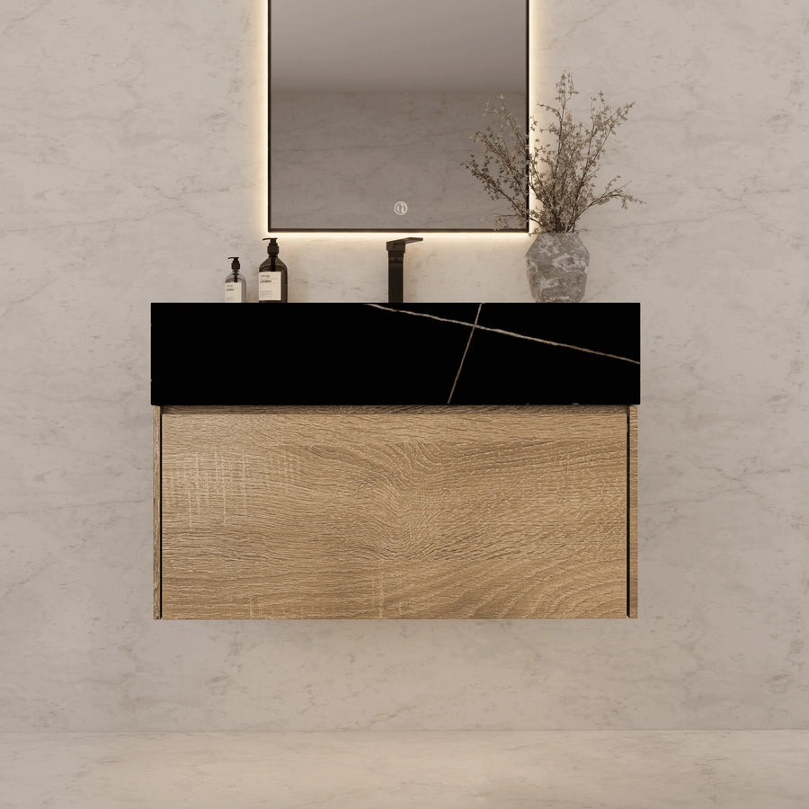 Aventino 32"–40" Light Oak Floating Single-Sink Vanity with Sintered Stone Top