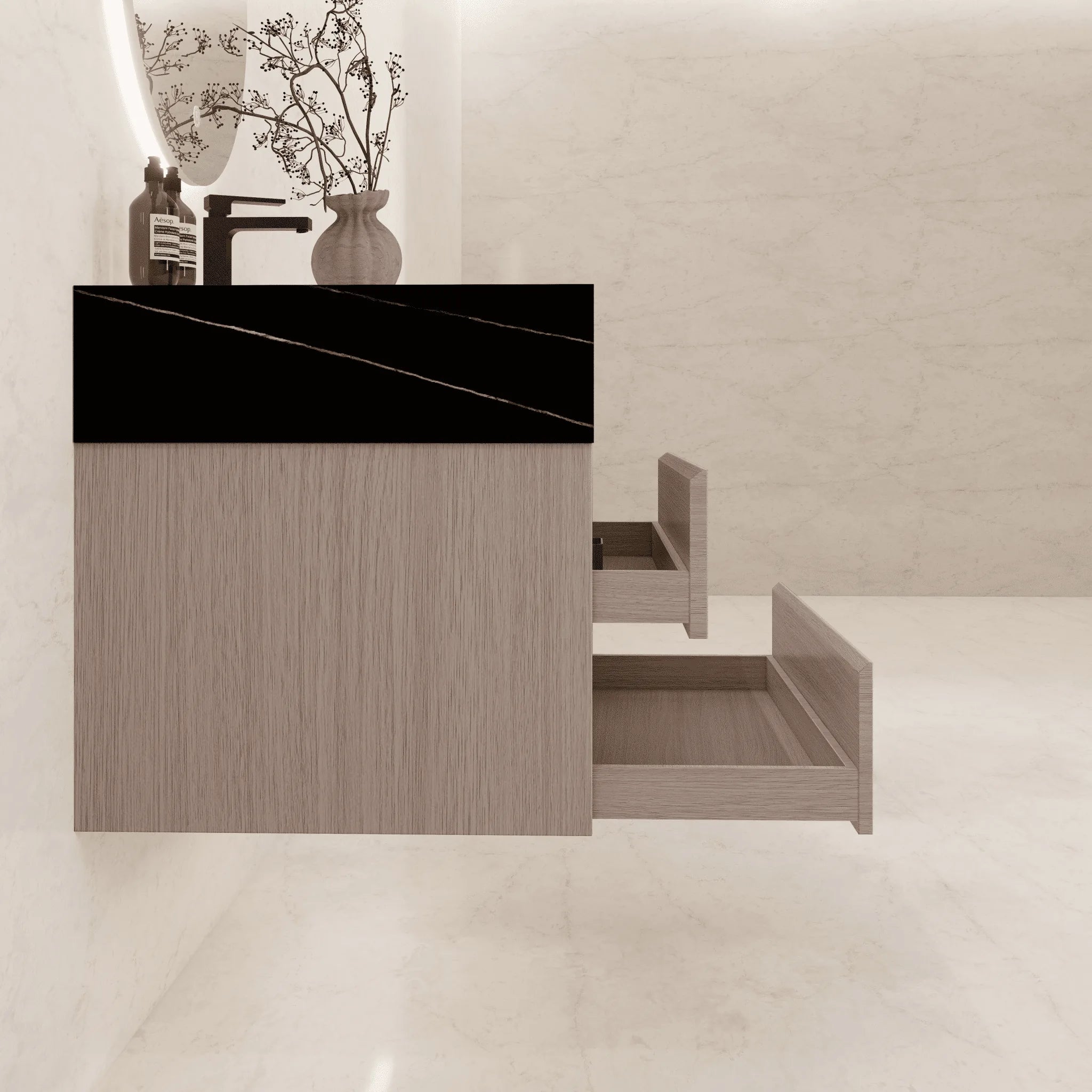 Aventino 32"–40" Nature Oak Floating Single-Sink Vanity with Sintered Stone Top