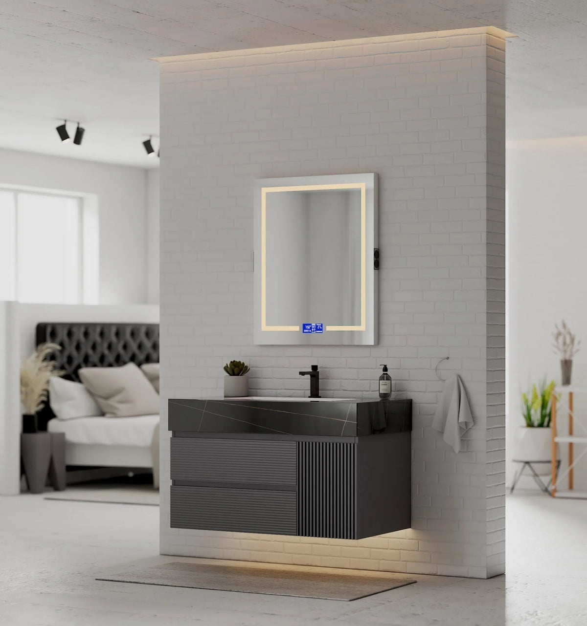 Aventino 40-inch Black Marquina fluted floating single-sink vanity — sintered stone top